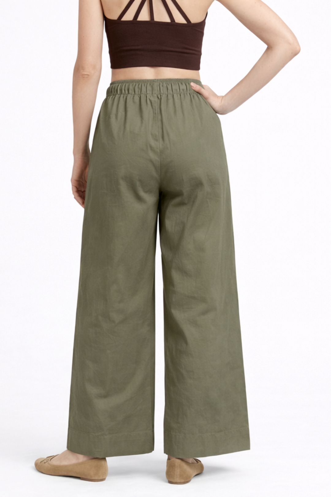 Women Olive Green Cotton Poplin Wide Leg Trouser Elastic Waist Drawstring Pants
