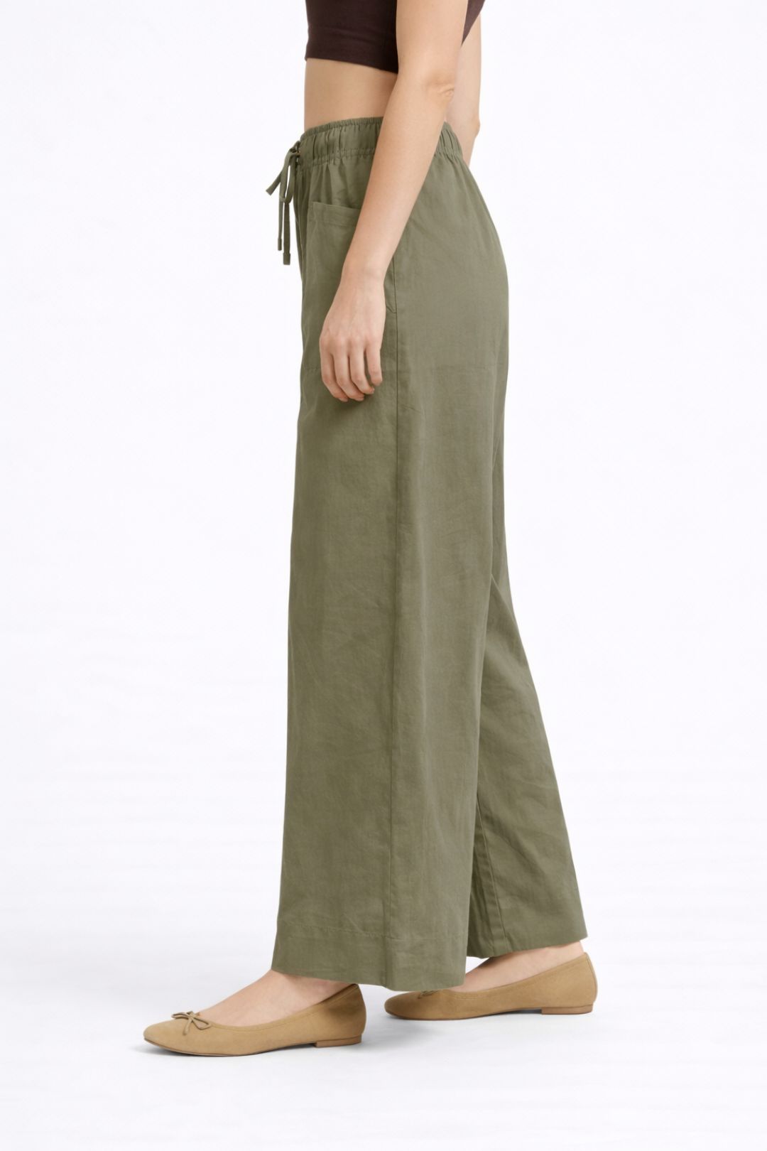 Women Olive Green Cotton Poplin Wide Leg Trouser Elastic Waist Drawstring Pants