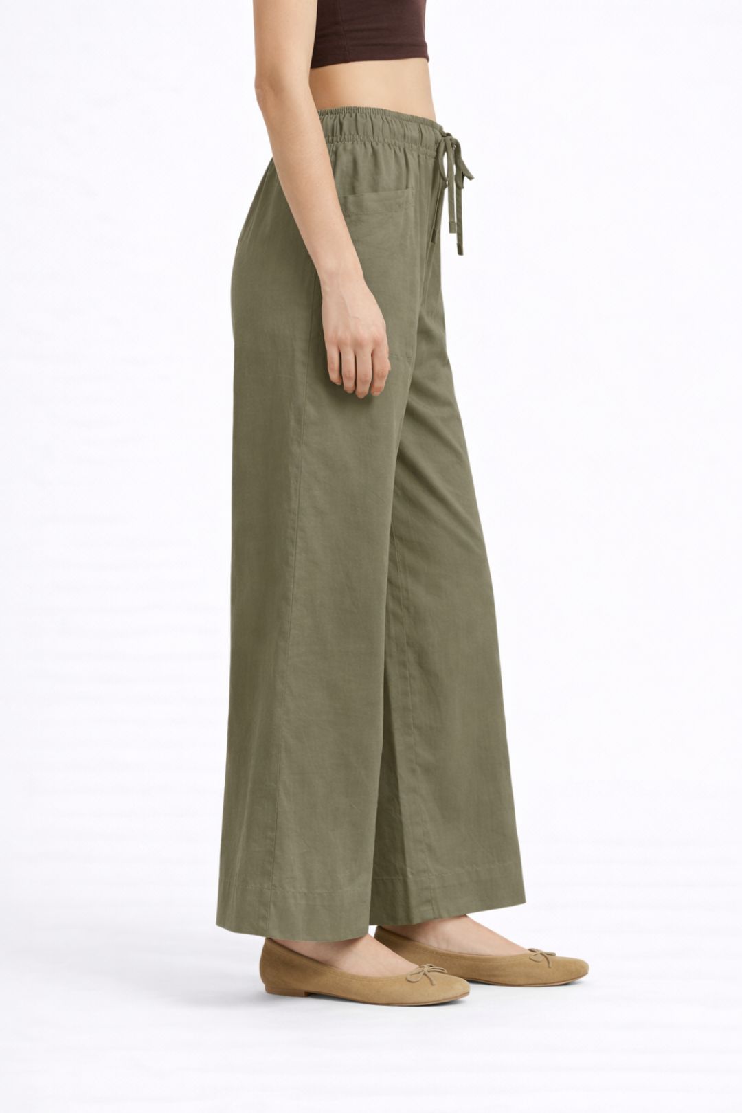 Women Olive Green Cotton Poplin Wide Leg Trouser Elastic Waist Drawstring Pants