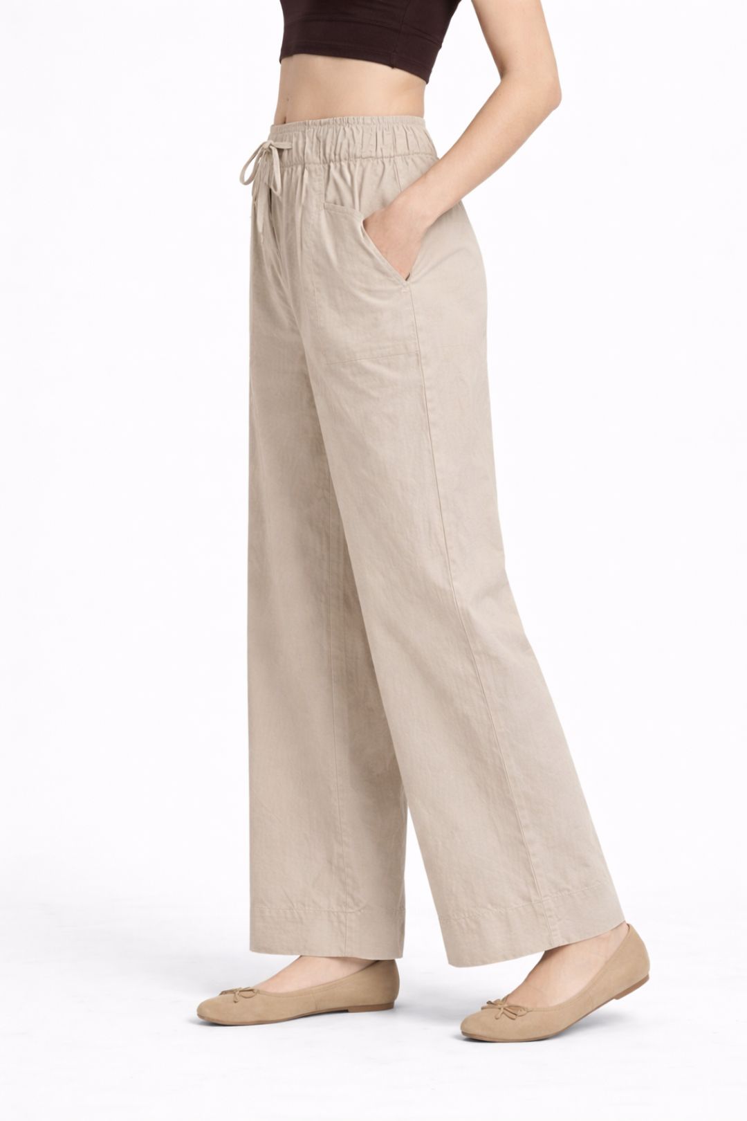 Women Light Beige Cotton Poplin Wide Leg Trouser Elastic Waist Drawstring Pants
