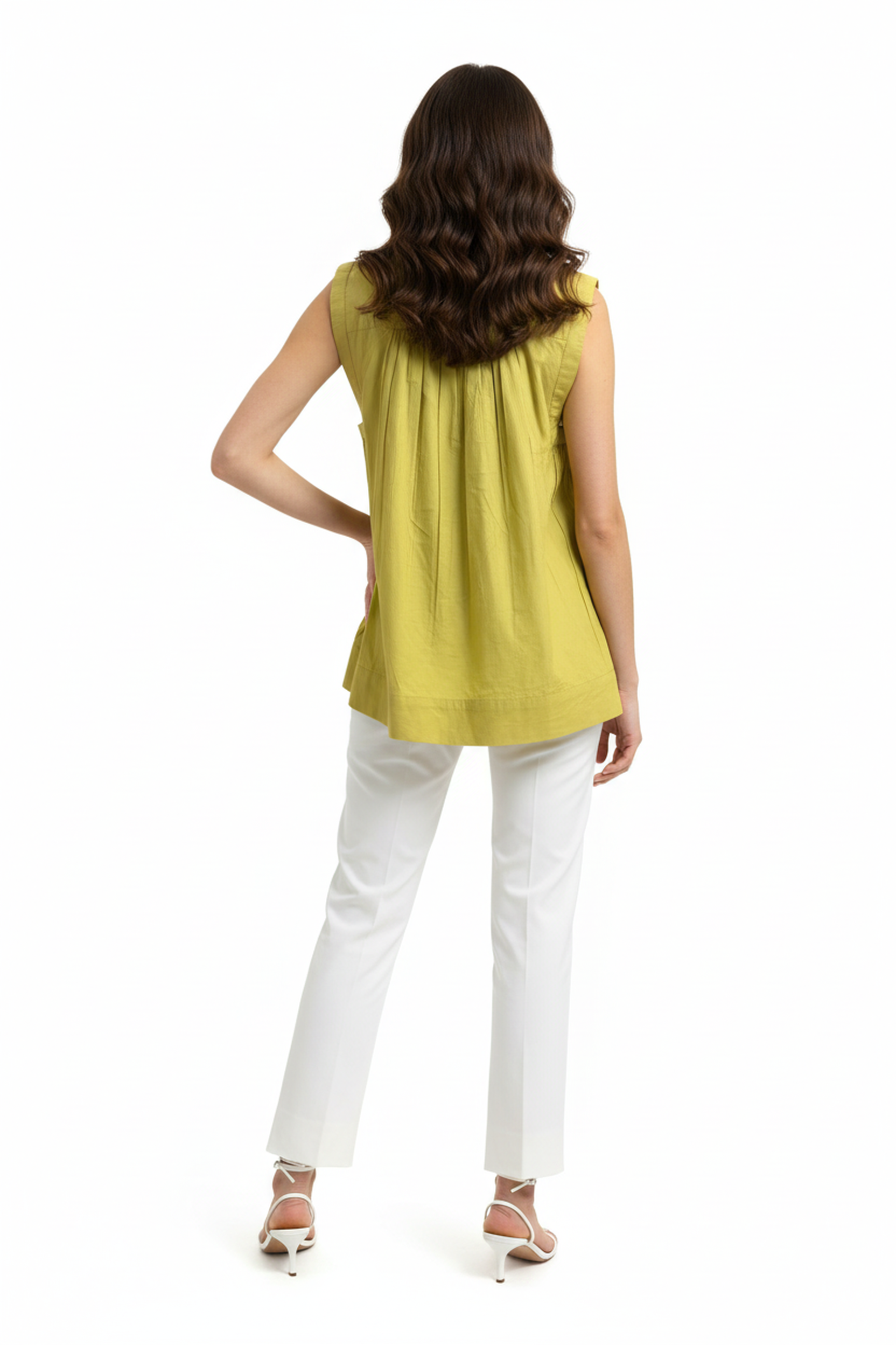 Women’s Lime Yellow Sleeveless Gathered Cotton Top – Round Neck, Flowy A-Line Fit