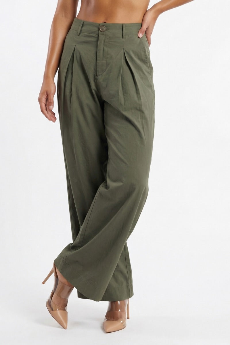 Women Olive Green Cotton Poplin Wide Leg Trouser | High Waist Straight Fit Pants