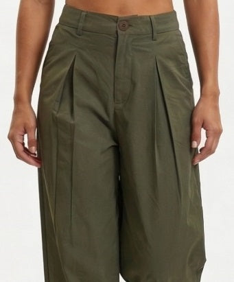 Women Olive Green Cotton Poplin Wide Leg Trouser | High Waist Straight Fit Pants