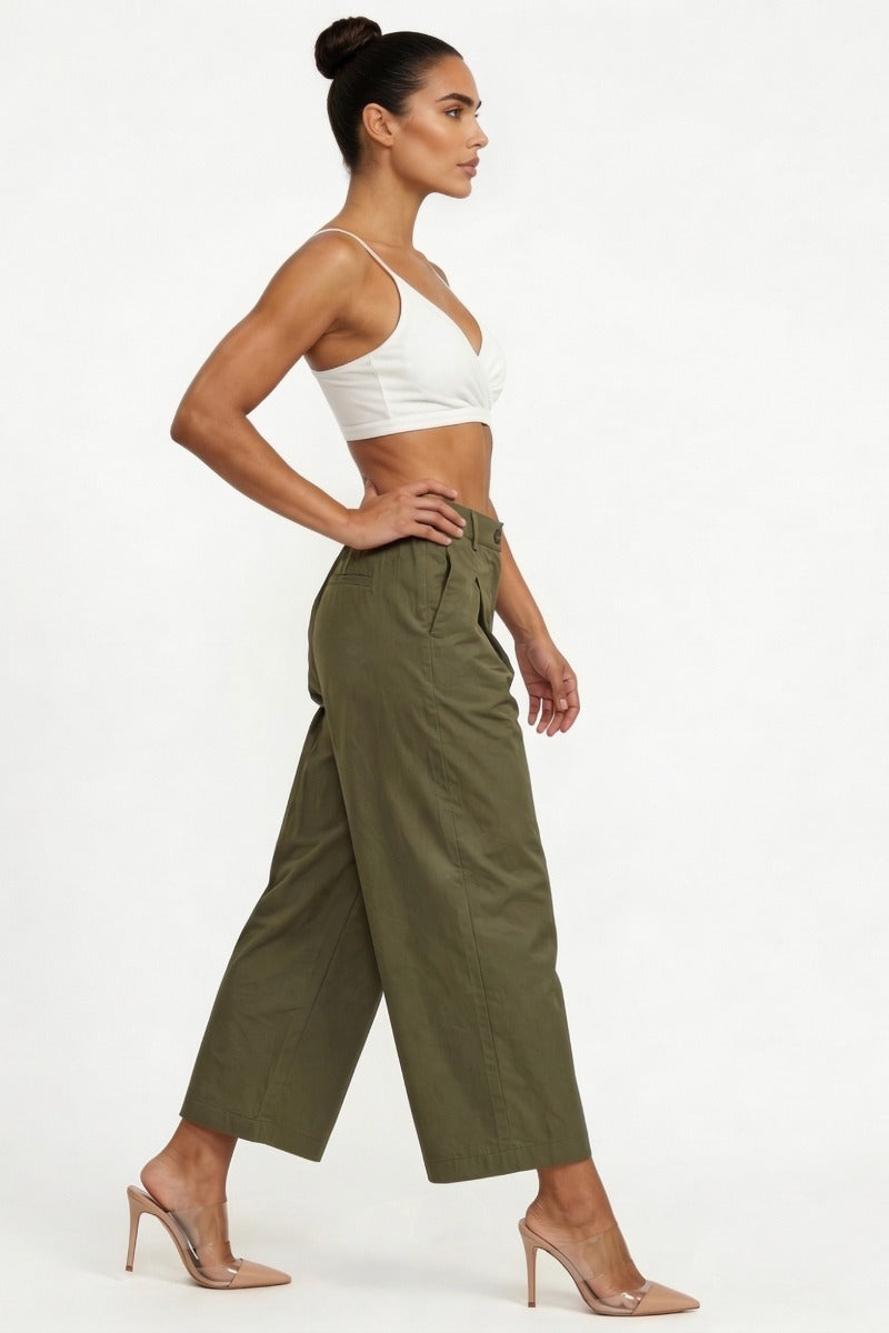 Women Olive Green Cotton Poplin Wide Leg Trouser | High Waist Straight Fit Pants