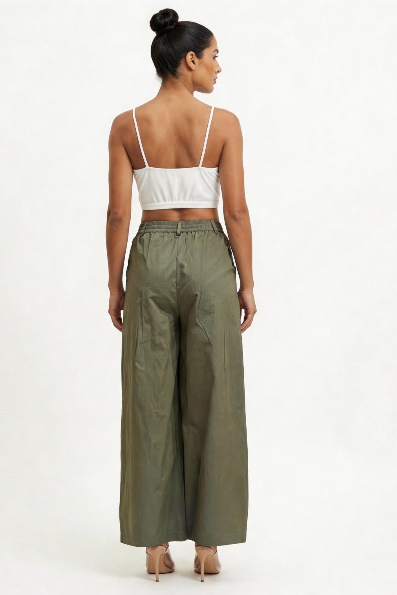 Women Olive Green Cotton Poplin Wide Leg Trouser | High Waist Straight Fit Pants