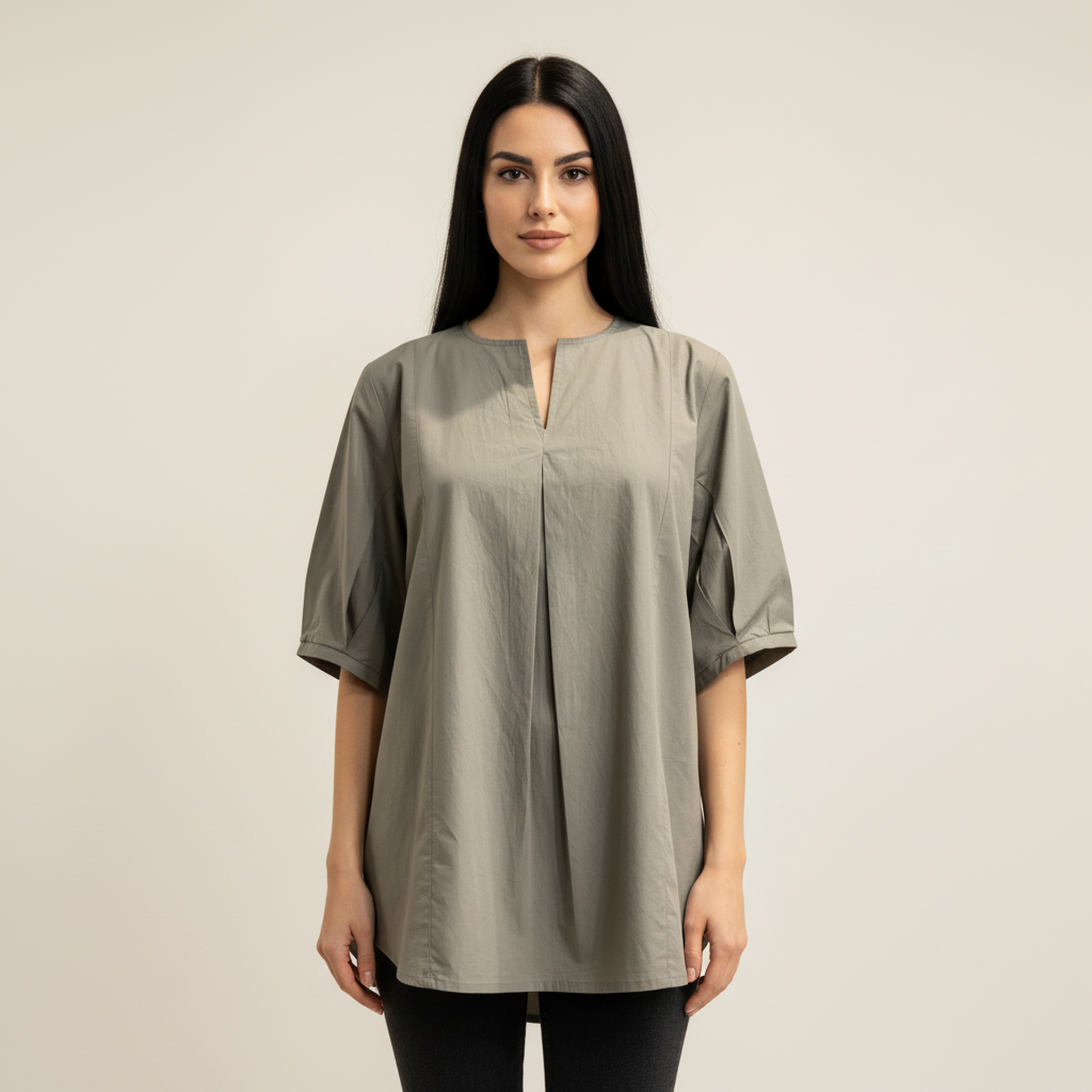 Women’s Olive Grey V-Slit Neck Cotton Top – Half Sleeves, Relaxed Longline Fit, Front Pleat Detail