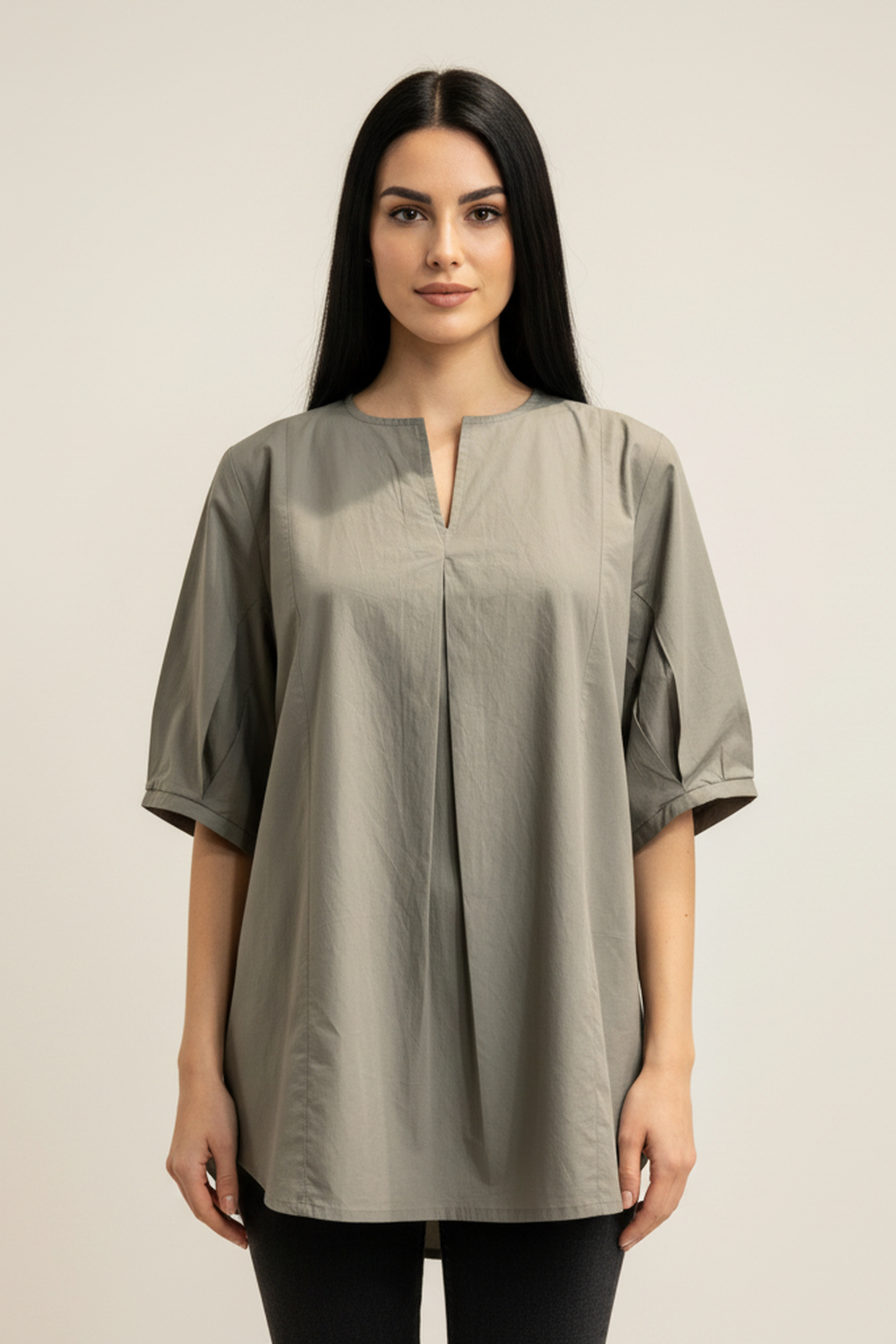 Women’s Grey V-Neck Relaxed Fit Top – Soft Cotton Blend, Half Sleeves, Front Pleat Detail