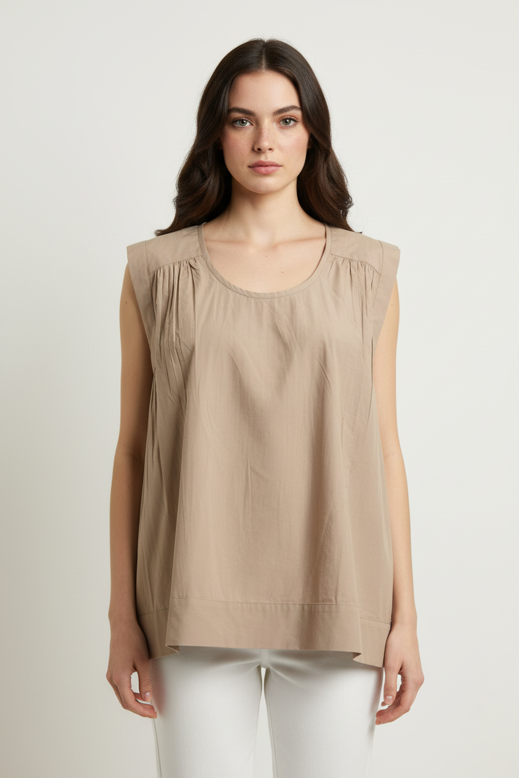 Women’s  Sleeveless Gathered Cotton Top – Round Neck, Relaxed A-Line Fit