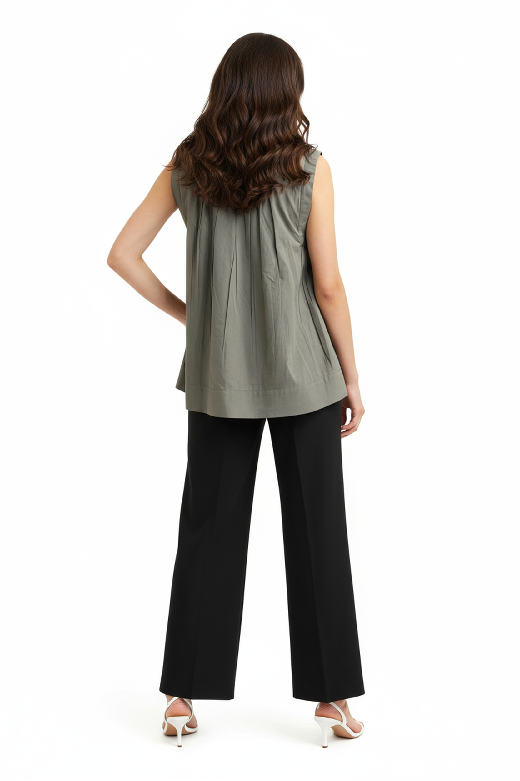 Women’s Olive Grey Sleeveless Gathered Cotton Top – Round Neck, Flowy A-Line Silhouette