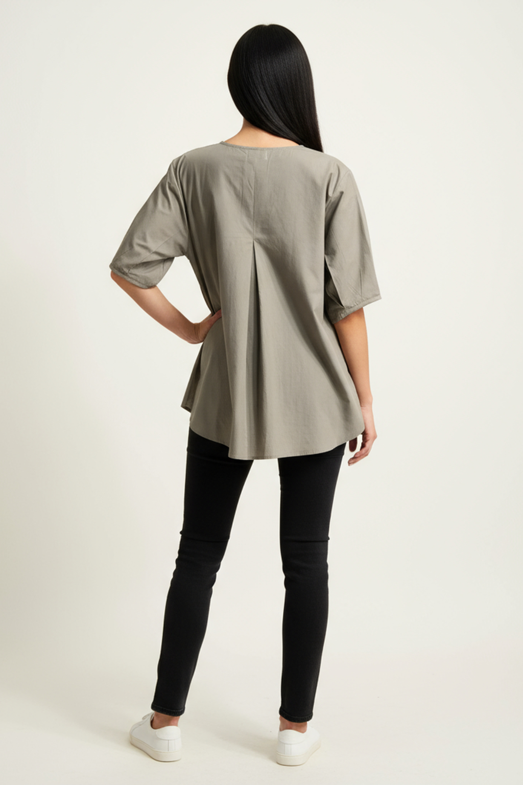 Women’s Grey V-Neck Relaxed Fit Top – Soft Cotton Blend, Half Sleeves, Front Pleat Detail