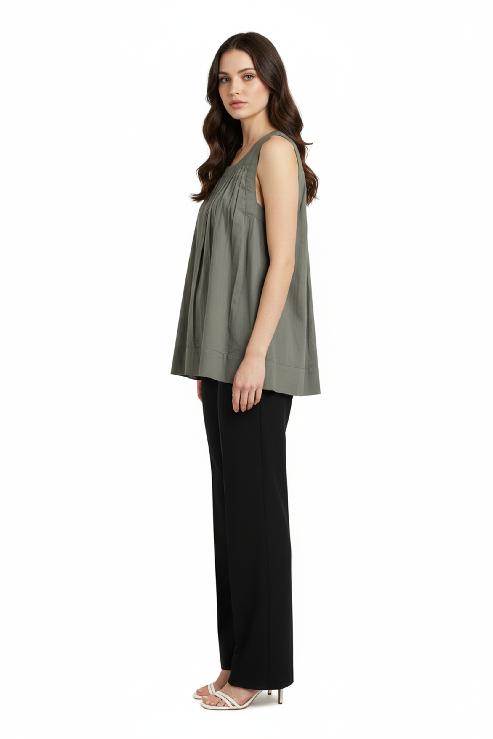 Women’s Olive Grey Sleeveless Gathered Cotton Top – Round Neck, Flowy A-Line Silhouette