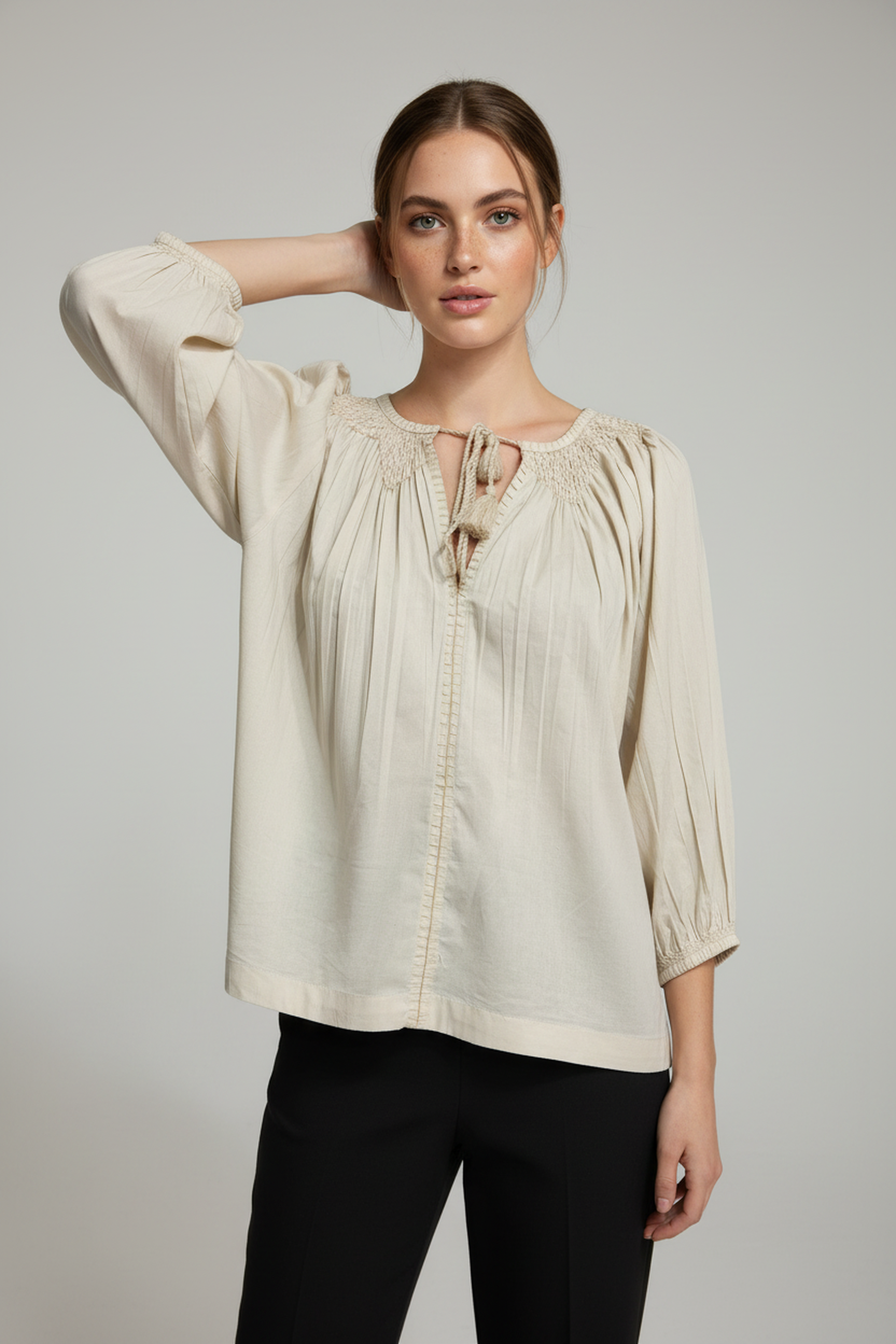 Beige Cotton Smocked-Neck Peasant Top – Relaxed Fit, 3/4 Sleeves