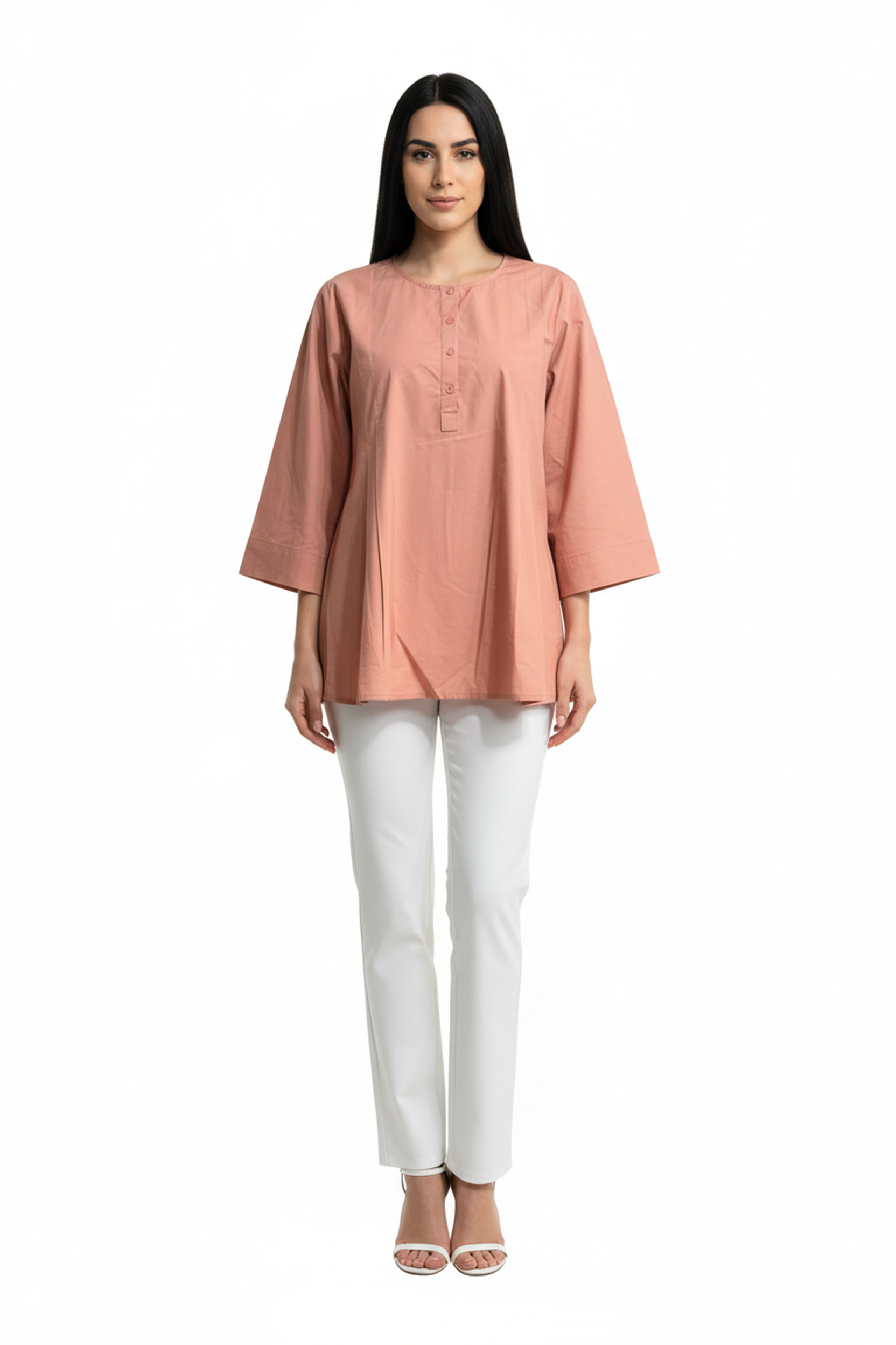 Women’s Peach A-Line Cotton Tunic Top – 3/4 Bell Sleeves, Round Neck, Button Placket, Flowy Fit