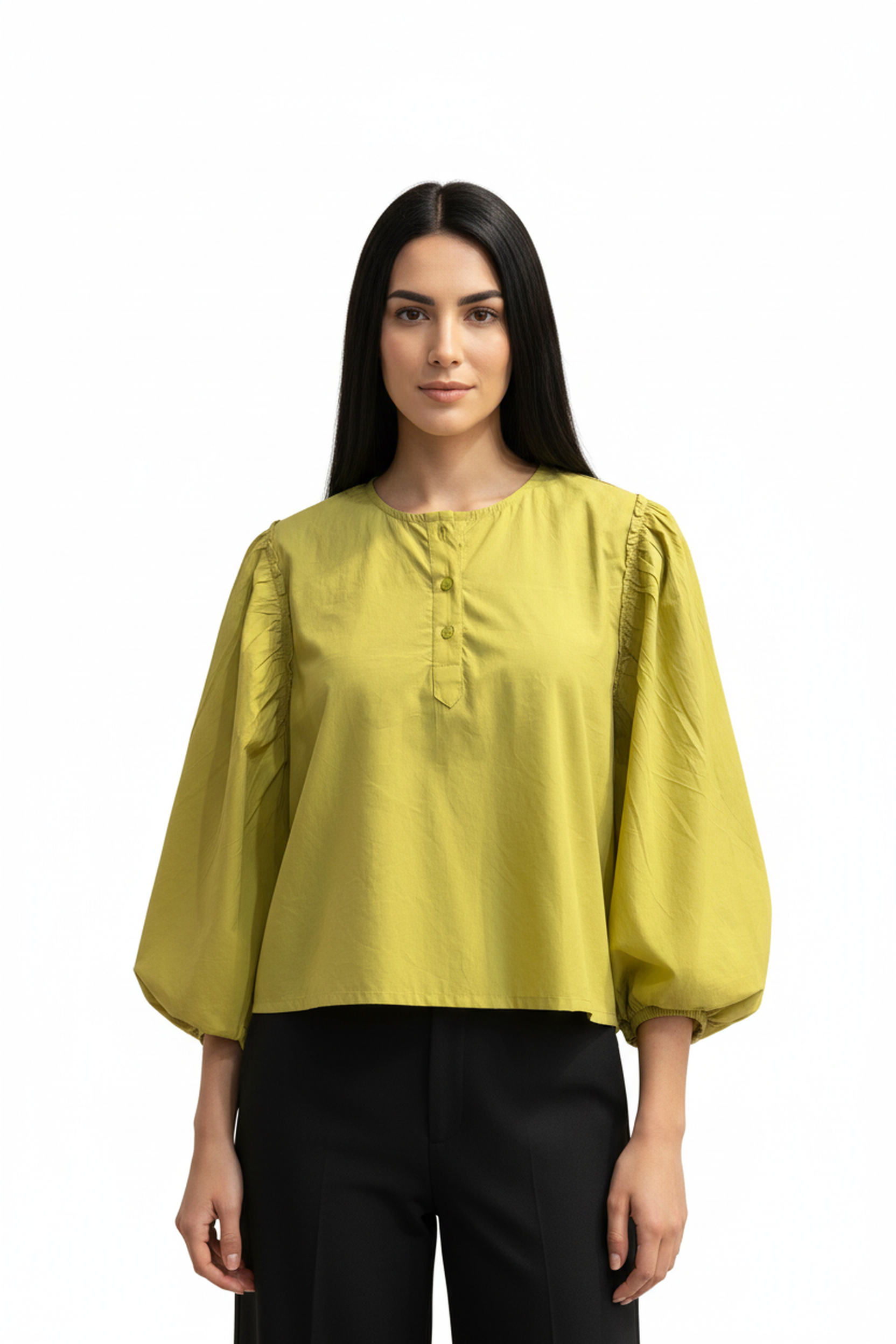 Women’s Olive Green Bell-Sleeve Cotton Top – Gathered Shoulder Detail, Round Neck, Flowy A-Line Silhouette