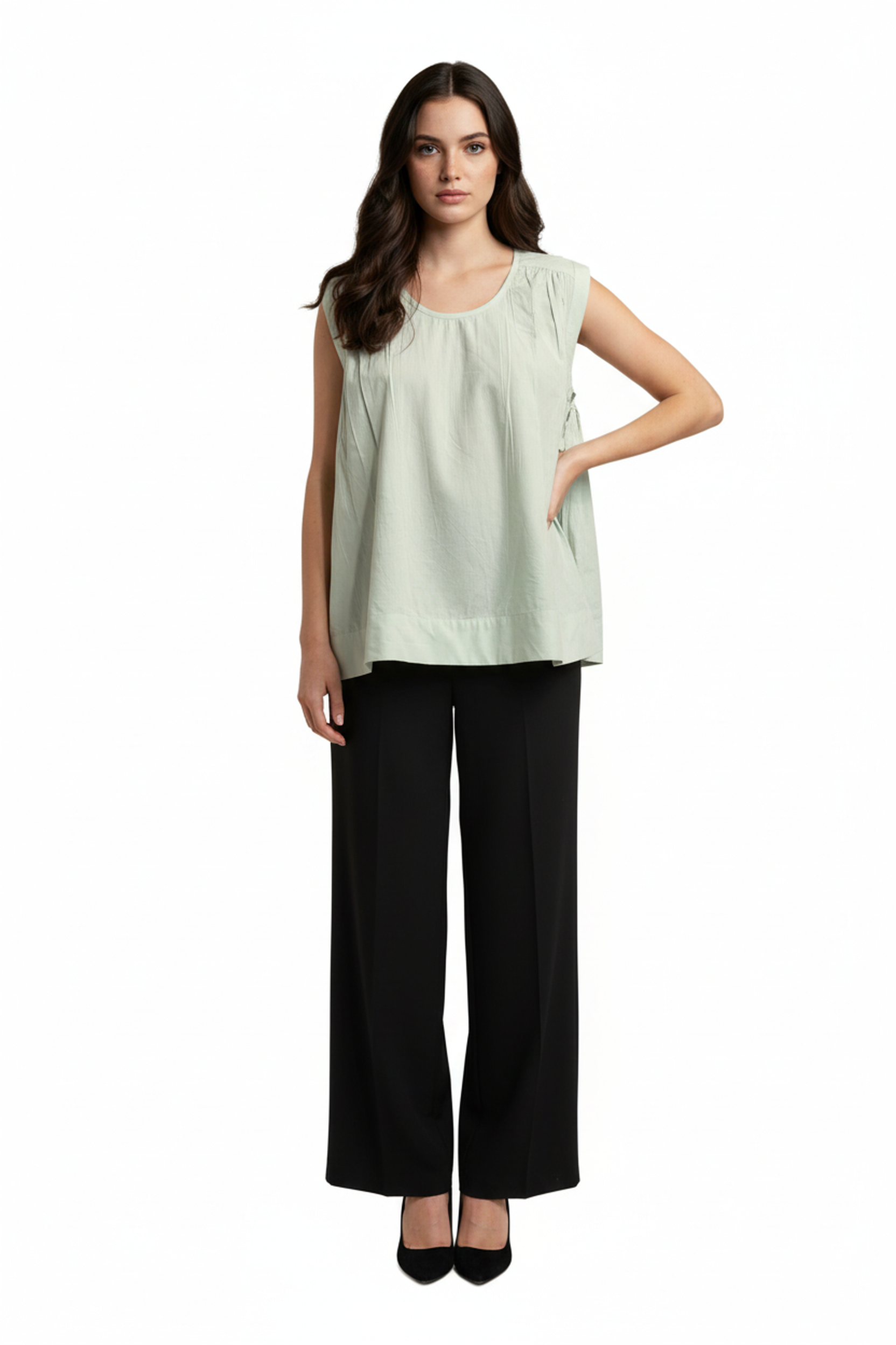 Women’s Mint Green Sleeveless Gathered Cotton Top – Round Neck, Flowy A-Line Fit