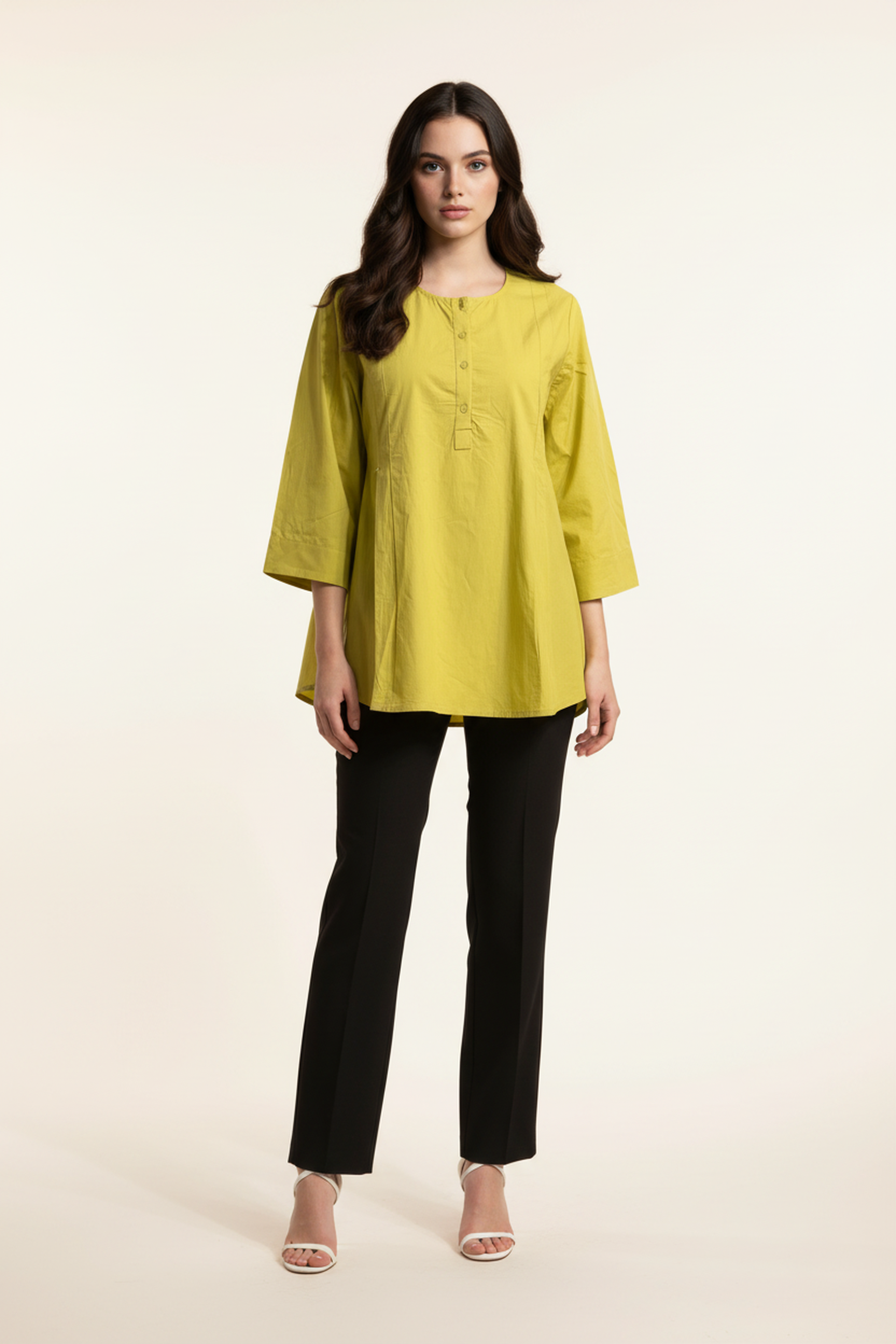 Women Solid Flared A-Line Long Top with 3/4th Sleeves – Lime Yellow