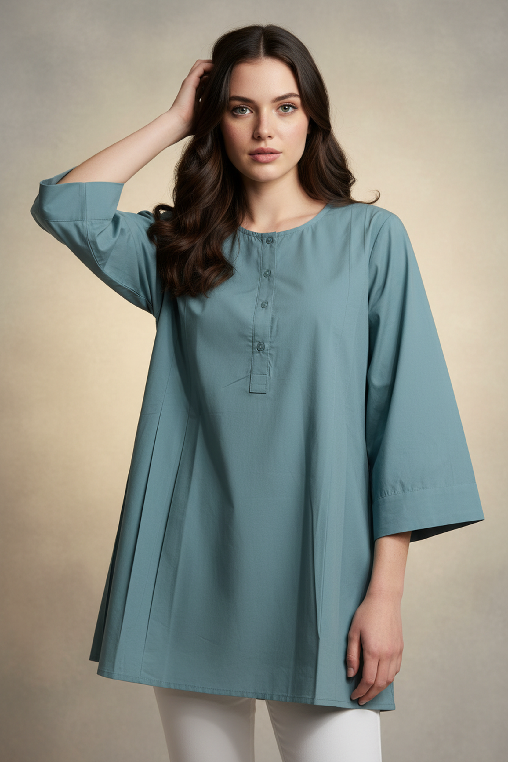 Women’s Teal Blue A-Line Cotton Tunic Top – 3/4 Bell Sleeves, Round Neck, Button Placket, Flowy Fit