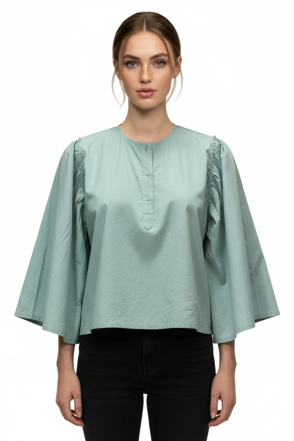 Women’s Mint Green Bell-Sleeve Cotton Top – Gathered Shoulder Detail, Round Neck, Flowy A-Line Fit