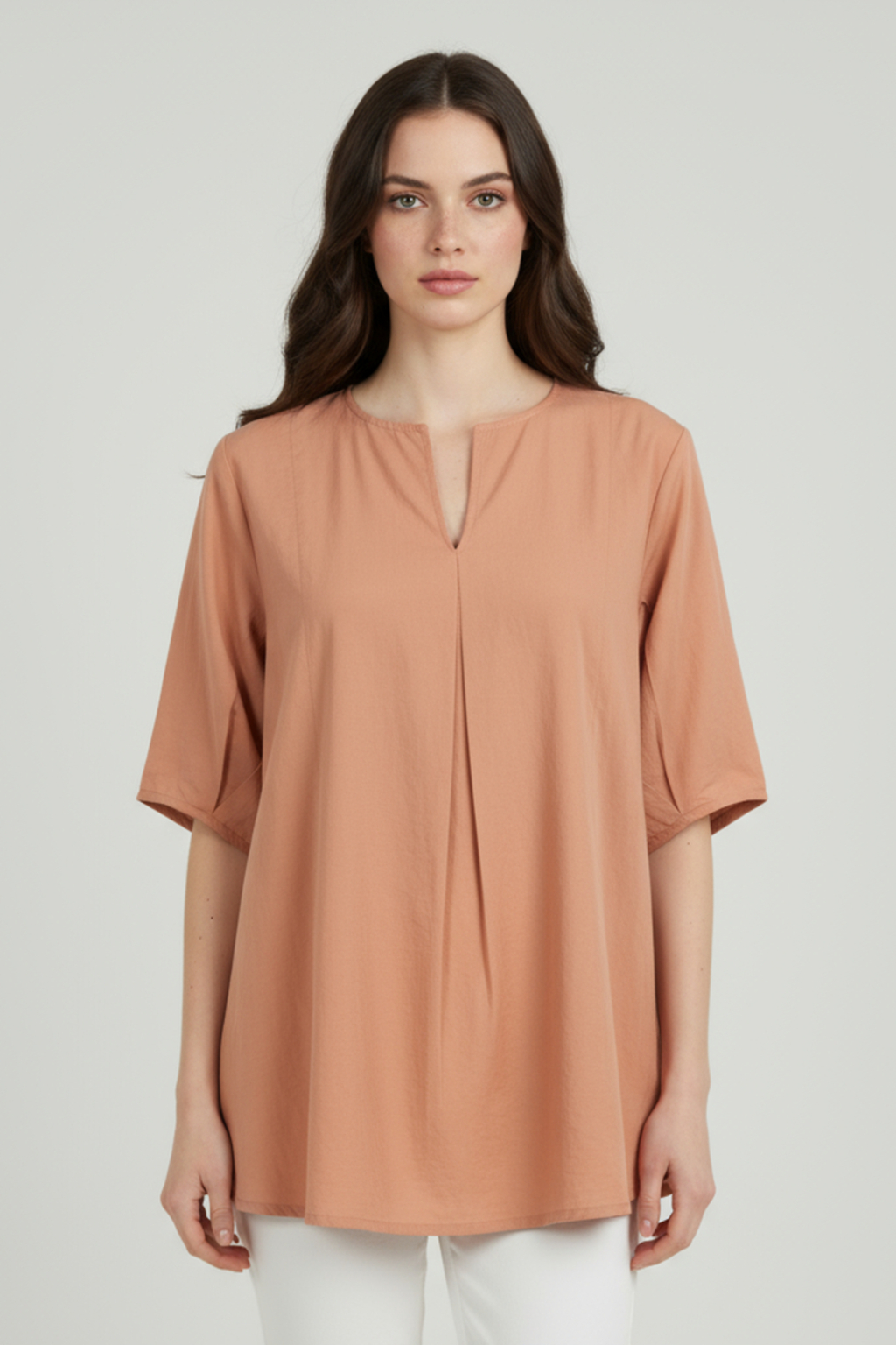 Women’s Peach V-Neck Relaxed Fit Top – Soft Cotton Blend, Half Sleeves, Front Pleat Detail