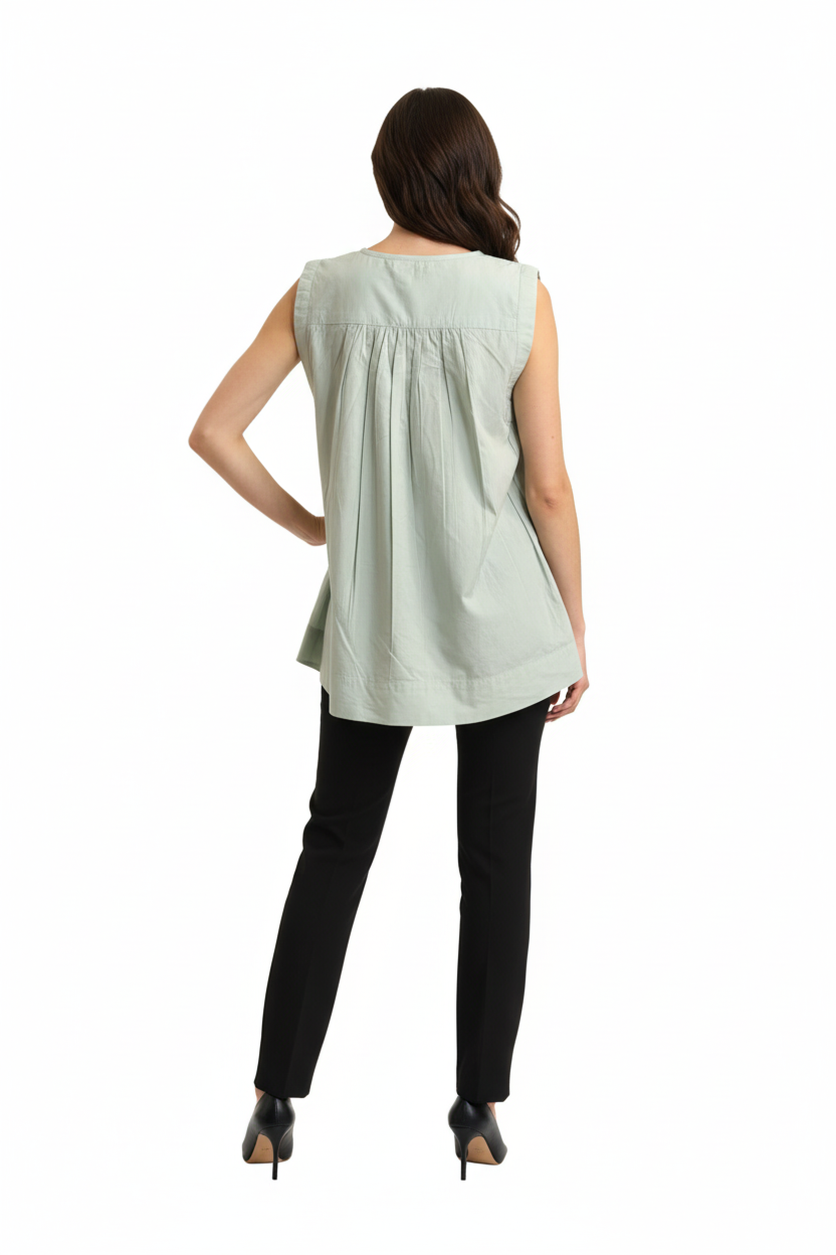 Women’s Mint Green Sleeveless Gathered Cotton Top – Round Neck, Flowy A-Line Fit