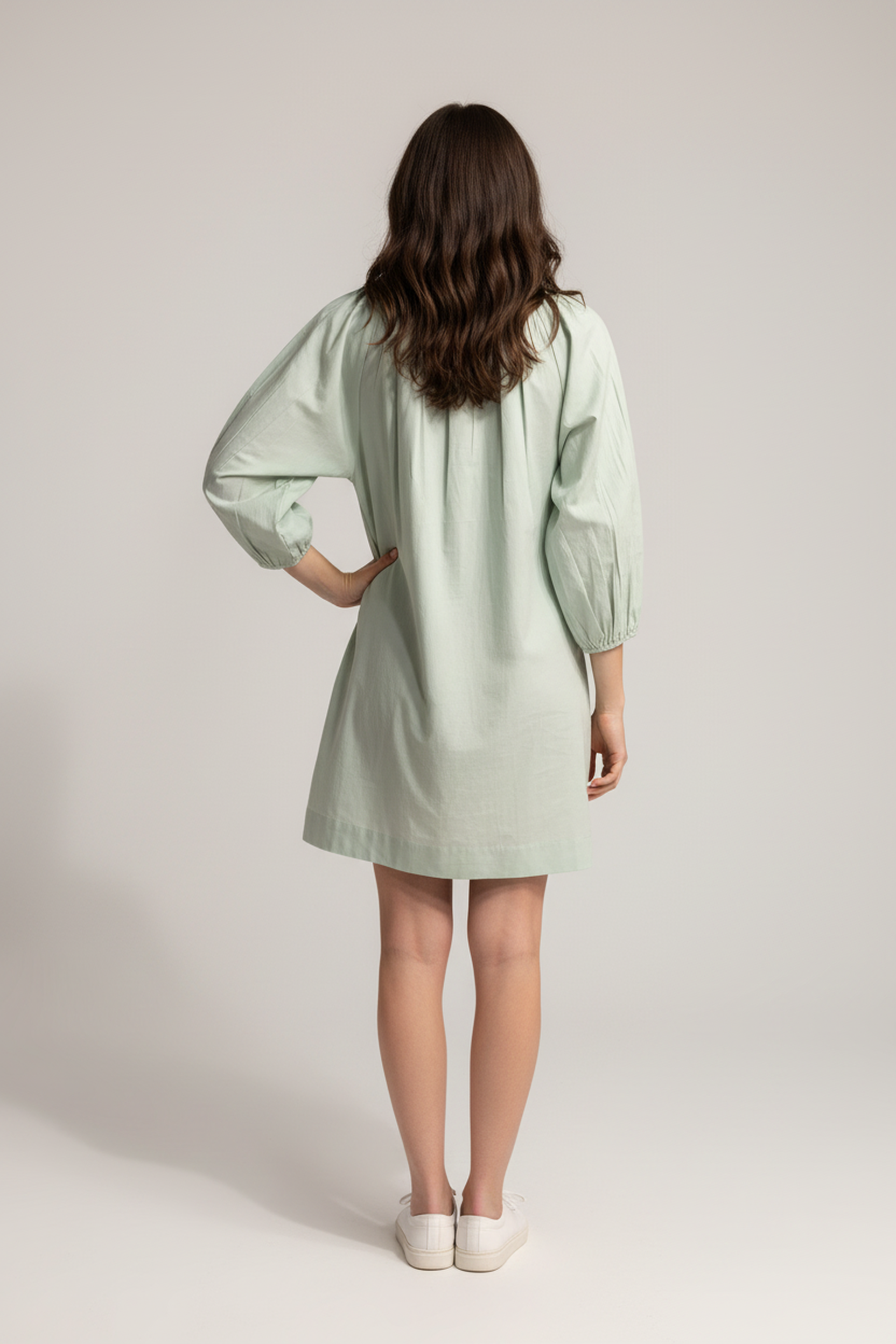 Women’s Mint Green V-Neck Relaxed Fit Dress – Soft Cotton Blend, 3/4th Sleeves, Front Pleat Detail