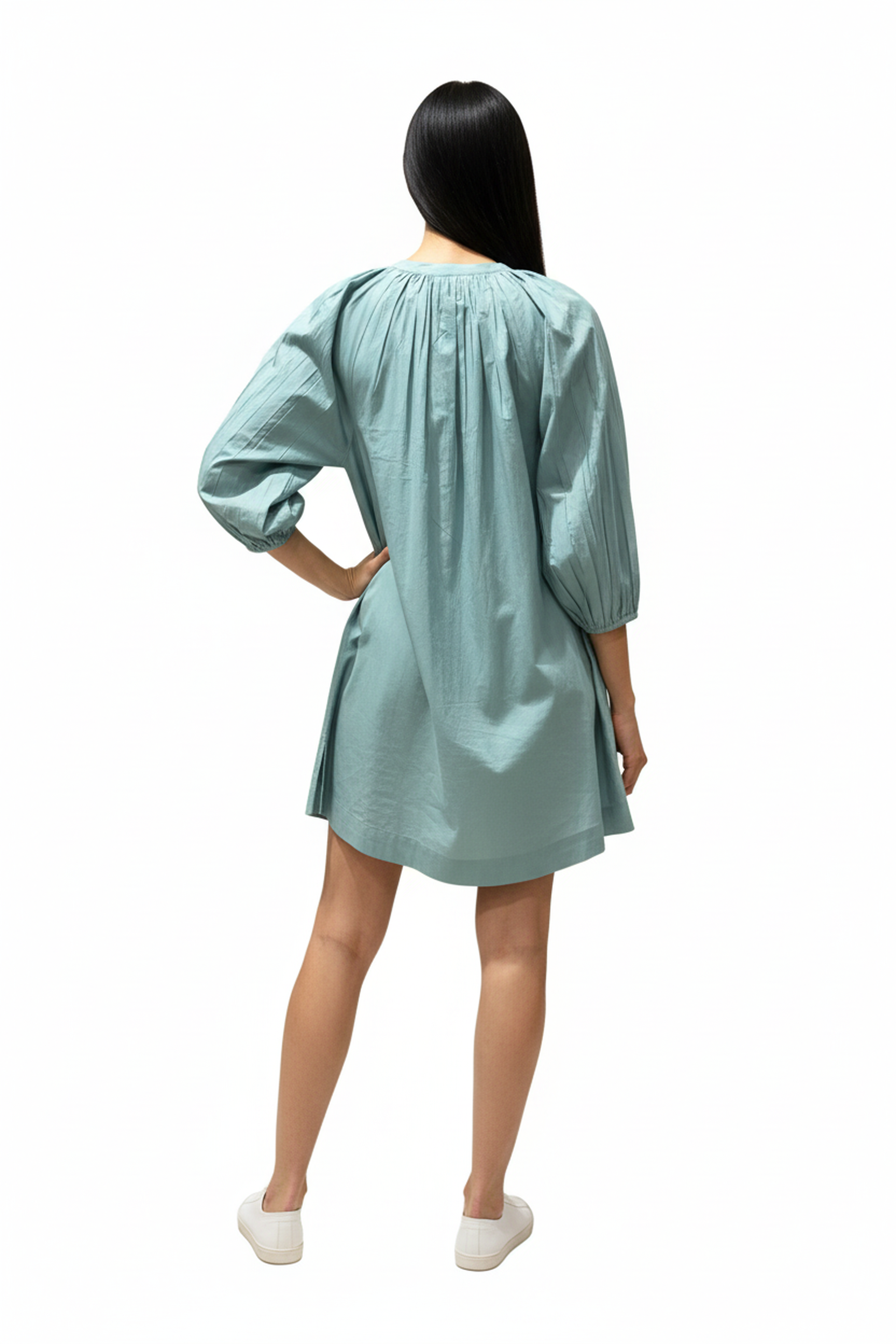 Women’s Blue V-Neck Relaxed Fit Dress – Soft Cotton Blend, 3/4th Sleeves, Front Pleat Detail
