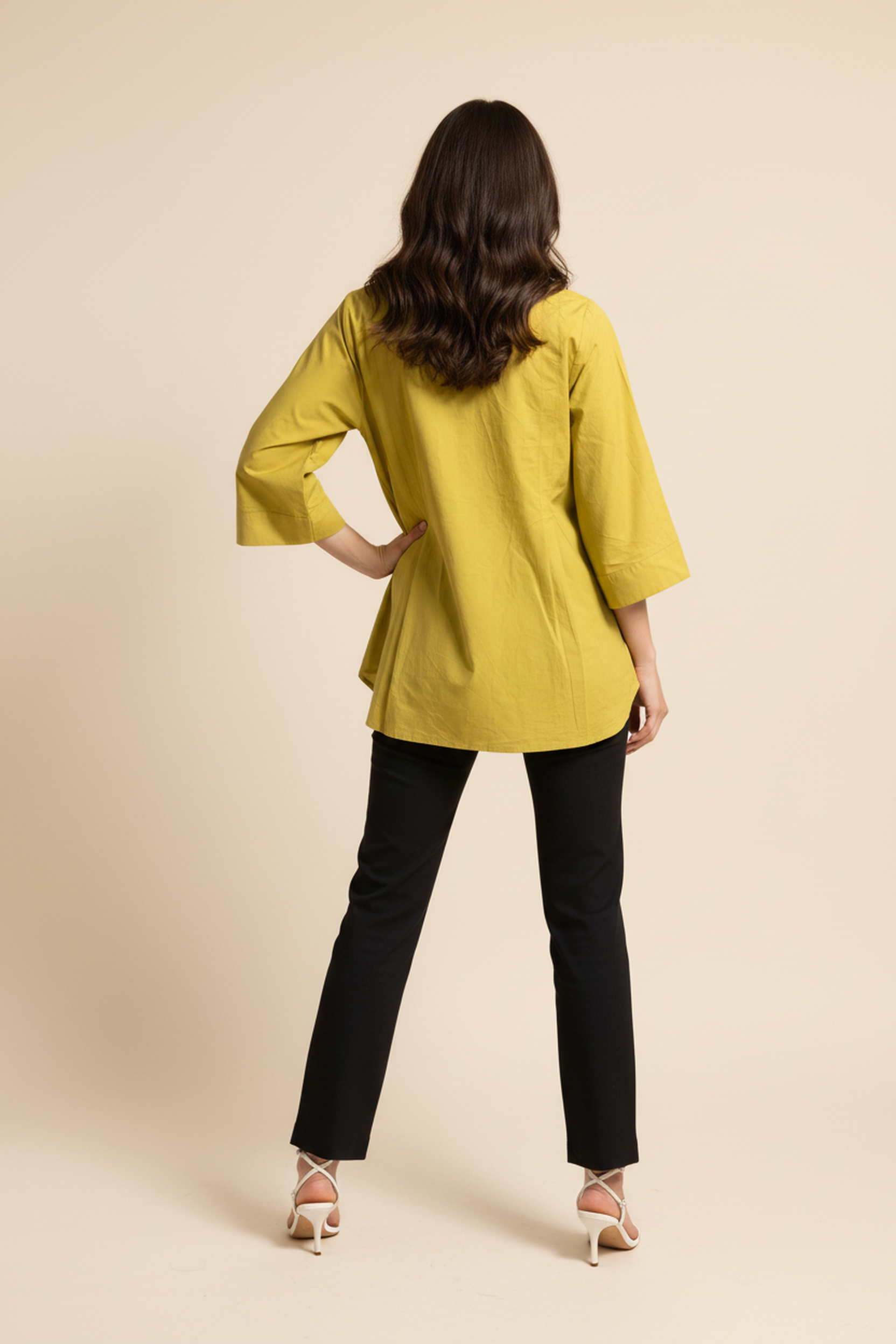 Women Solid Flared A-Line Long Top with 3/4th Sleeves – Lime Yellow