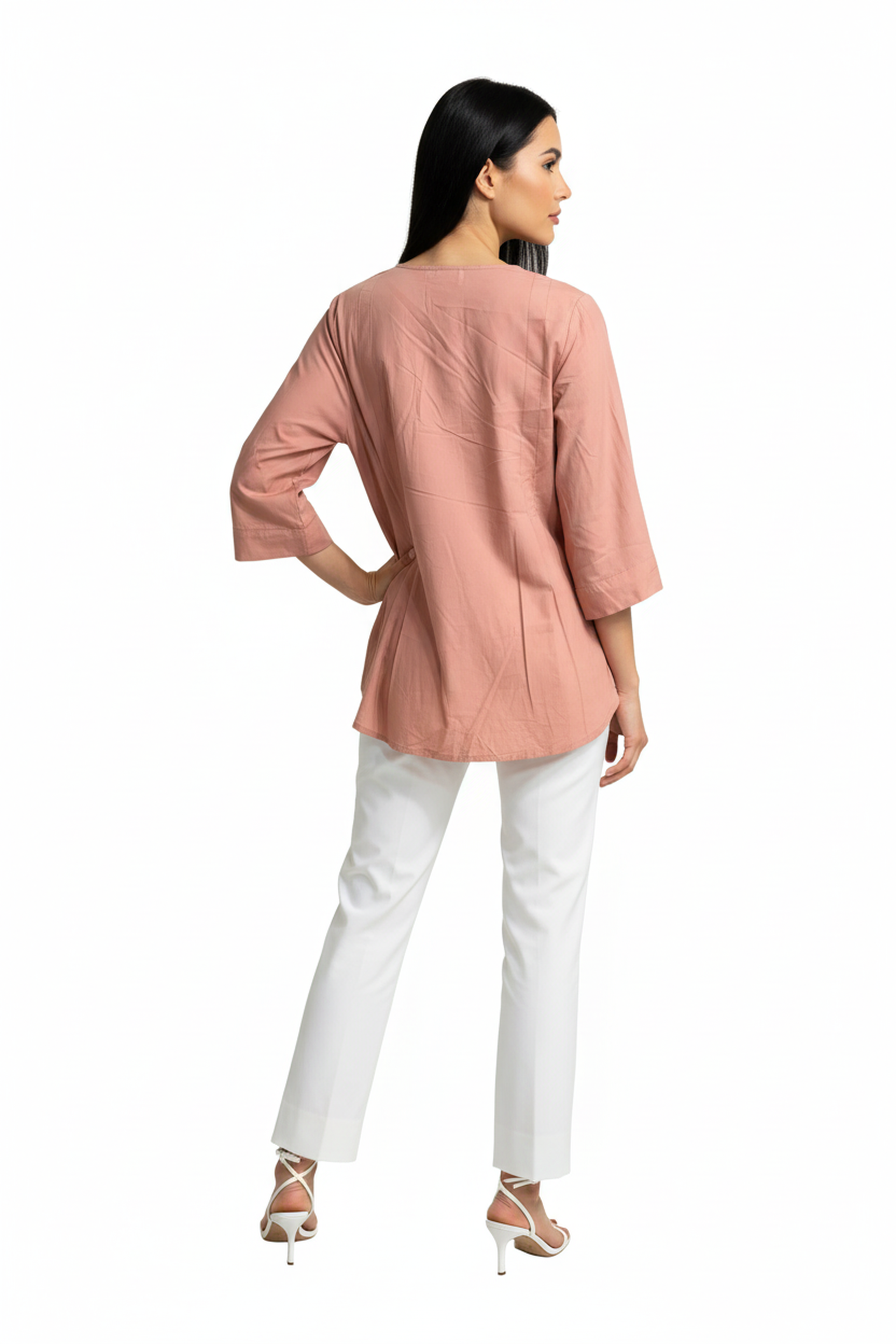 Women’s Peach A-Line Cotton Tunic Top – 3/4 Bell Sleeves, Round Neck, Button Placket, Flowy Fit