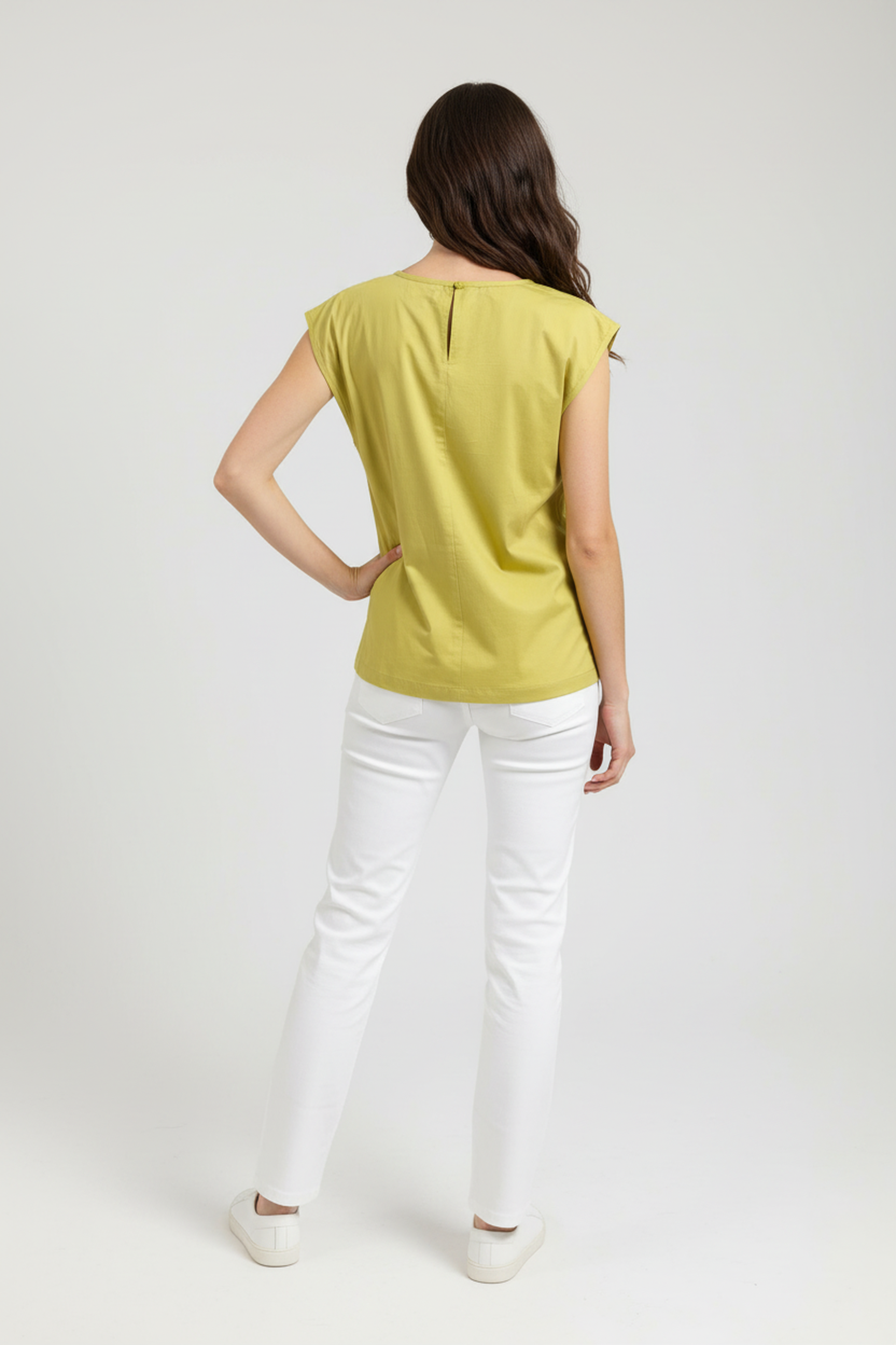 Women’s Lime Yellow Sleeveless Structured Cotton Top – Round Neck, Minimal Clean Look, Straight Hem