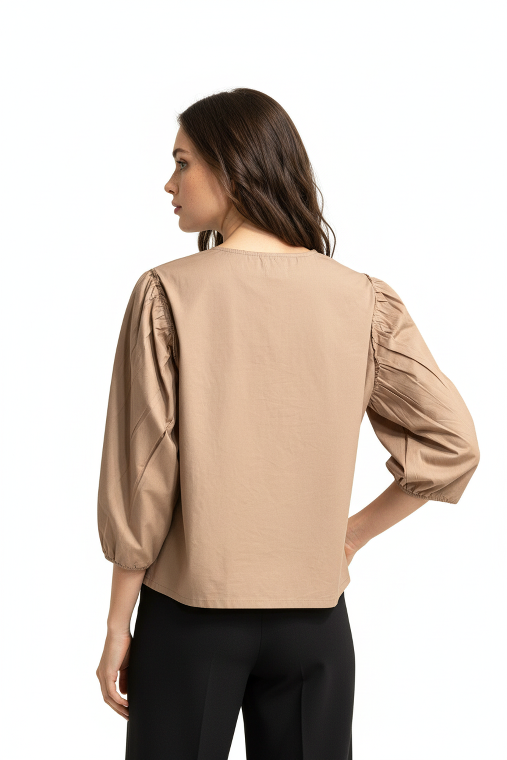Women’s Beige Bell-Sleeve Cotton Top – Gathered Shoulder Detail, Round Neck, Flowy A-Line Silhouette