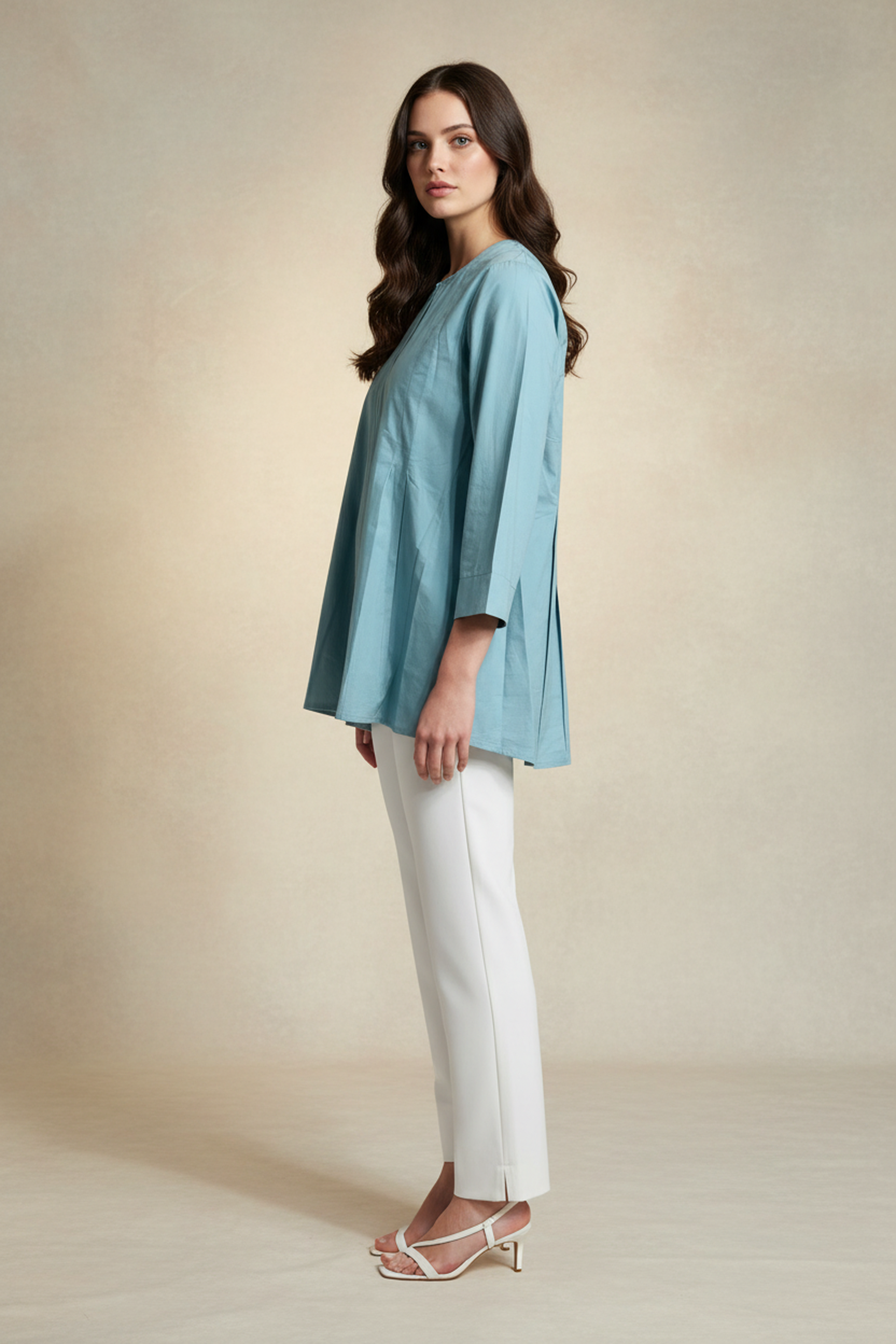 Women’s Teal Blue A-Line Cotton Tunic Top – 3/4 Bell Sleeves, Round Neck, Button Placket, Flowy Fit