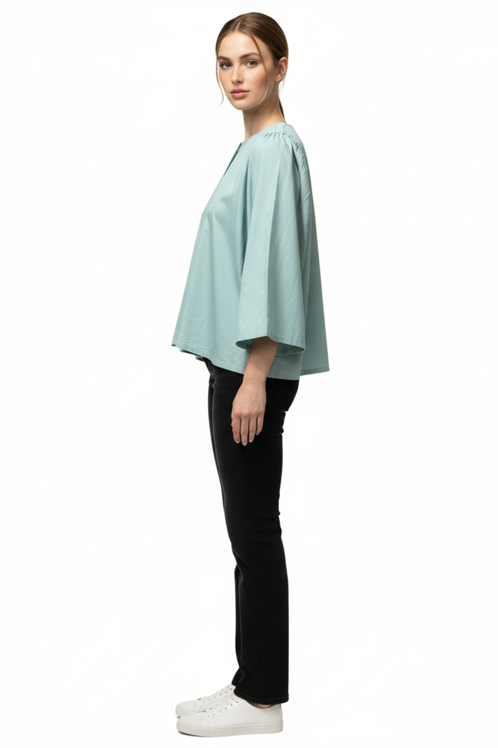 Women’s Mint Green Bell-Sleeve Cotton Top – Gathered Shoulder Detail, Round Neck, Flowy A-Line Fit