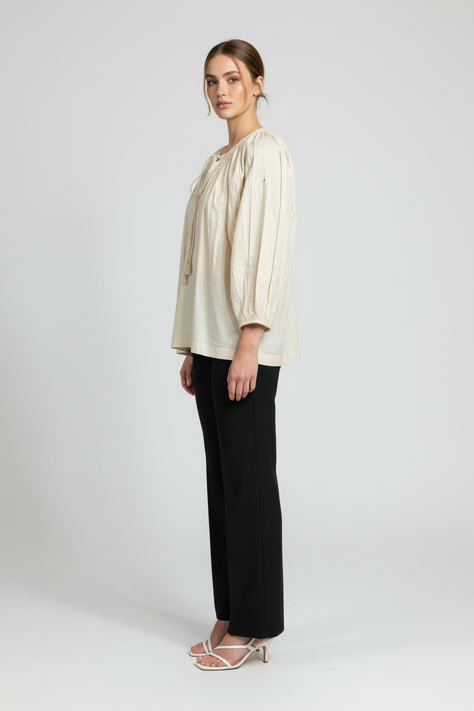Beige Cotton Smocked-Neck Peasant Top – Relaxed Fit, 3/4 Sleeves