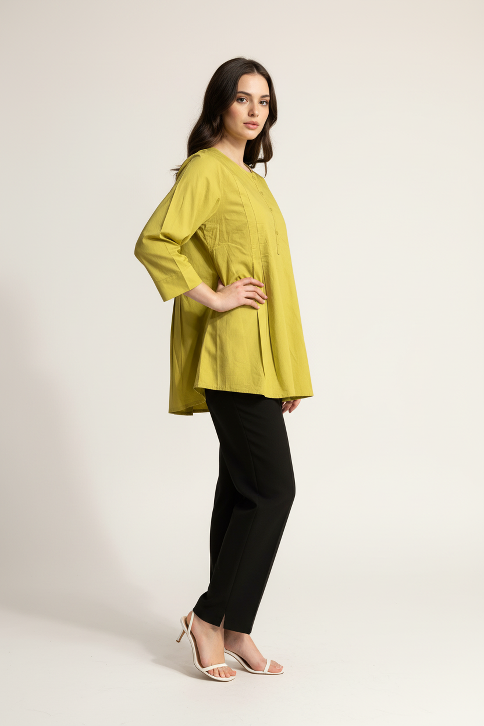 Women Solid Flared A-Line Long Top with 3/4th Sleeves – Lime Yellow