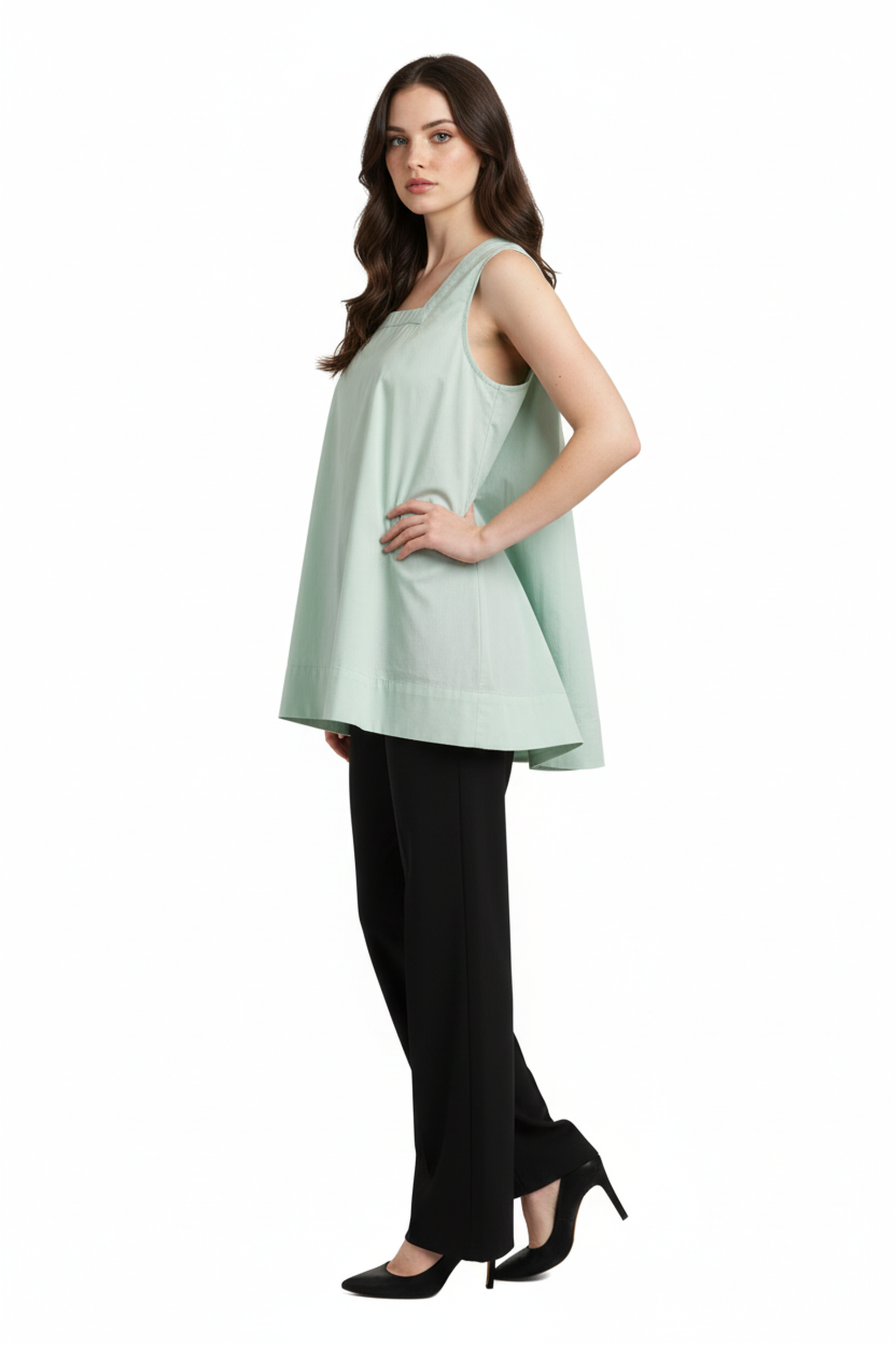 Women’s Mint Green Sleeveless Gathered Cotton Top – Round Neck, Flowy A-Line Fit
