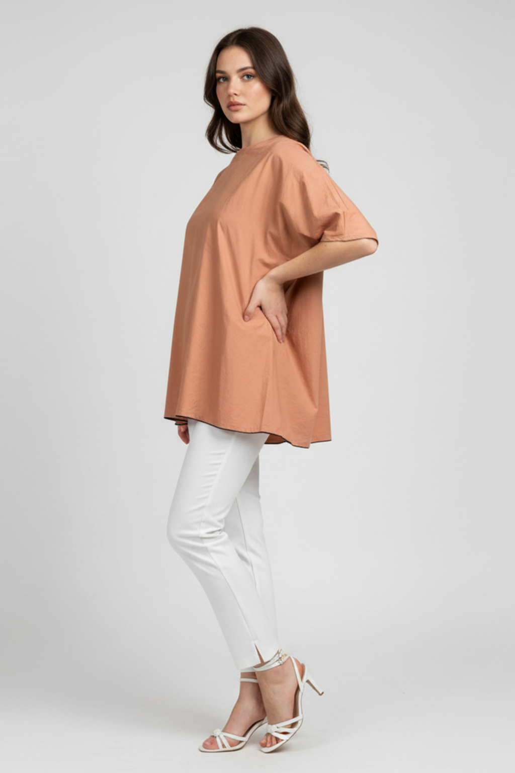 Women’s Peach V-Neck Relaxed Fit Top – Soft Cotton Blend, Half Sleeves, Front Pleat Detail
