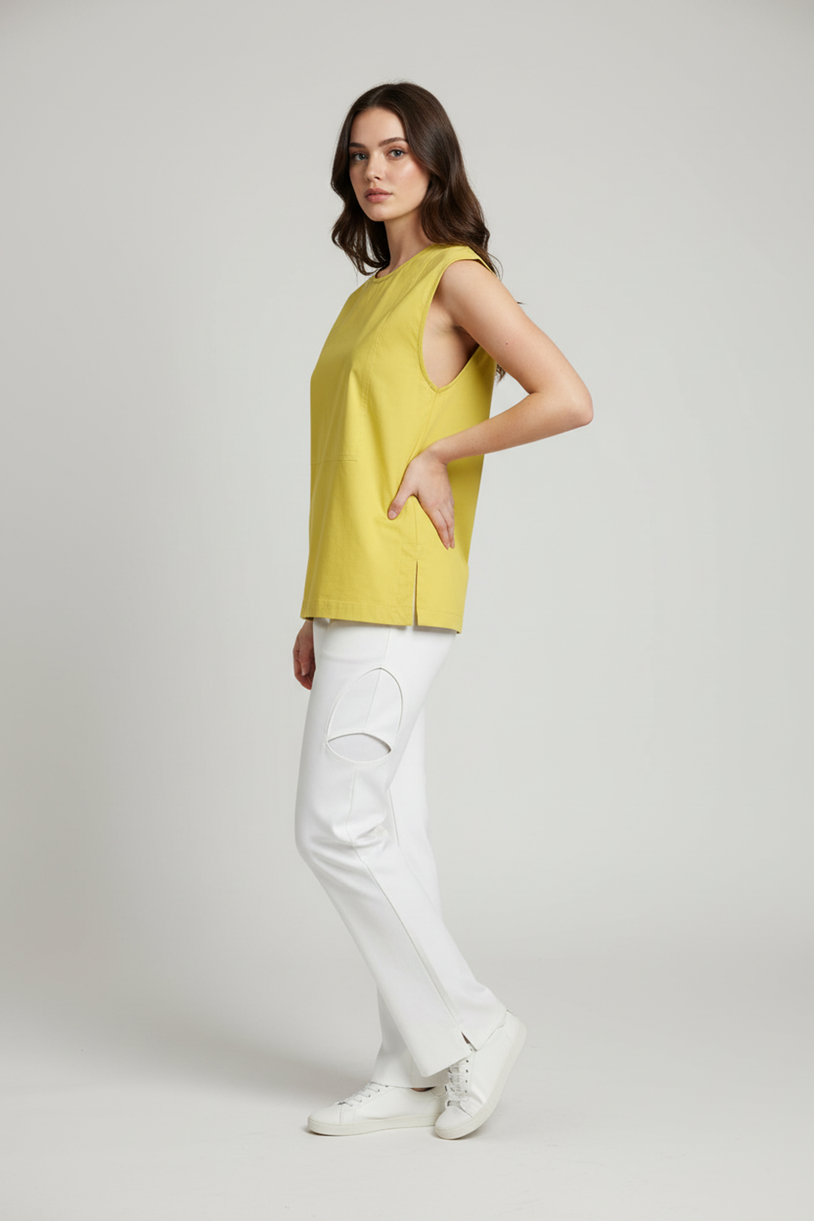 Women’s Lime Yellow Sleeveless Structured Cotton Top – Round Neck, Minimal Clean Look, Straight Hem