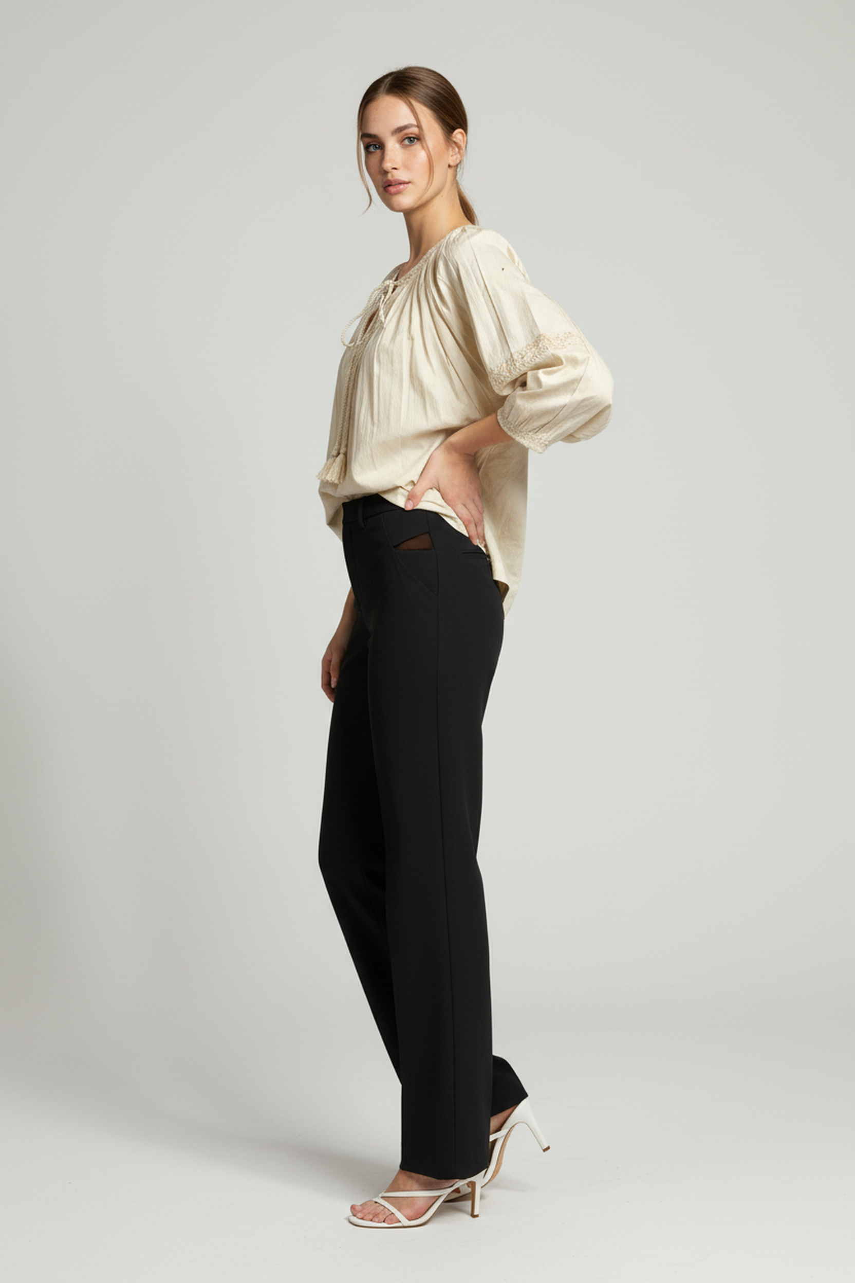 Beige Cotton Smocked-Neck Peasant Top – Relaxed Fit, 3/4 Sleeves