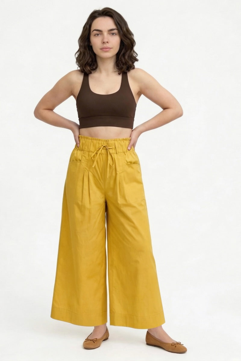 Women Mustard Yellow Cotton Poplin Wide Leg Trouser | High Waist Drawstring Pants