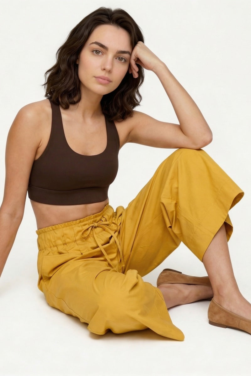 Women Mustard Yellow Cotton Poplin Wide Leg Trouser | High Waist Drawstring Pants