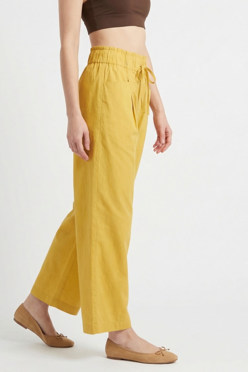 Women Mustard Yellow Cotton Poplin Wide Leg Trouser | High Waist Drawstring Pants