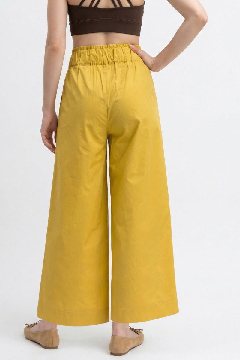 Women Mustard Yellow Cotton Poplin Wide Leg Trouser | High Waist Drawstring Pants