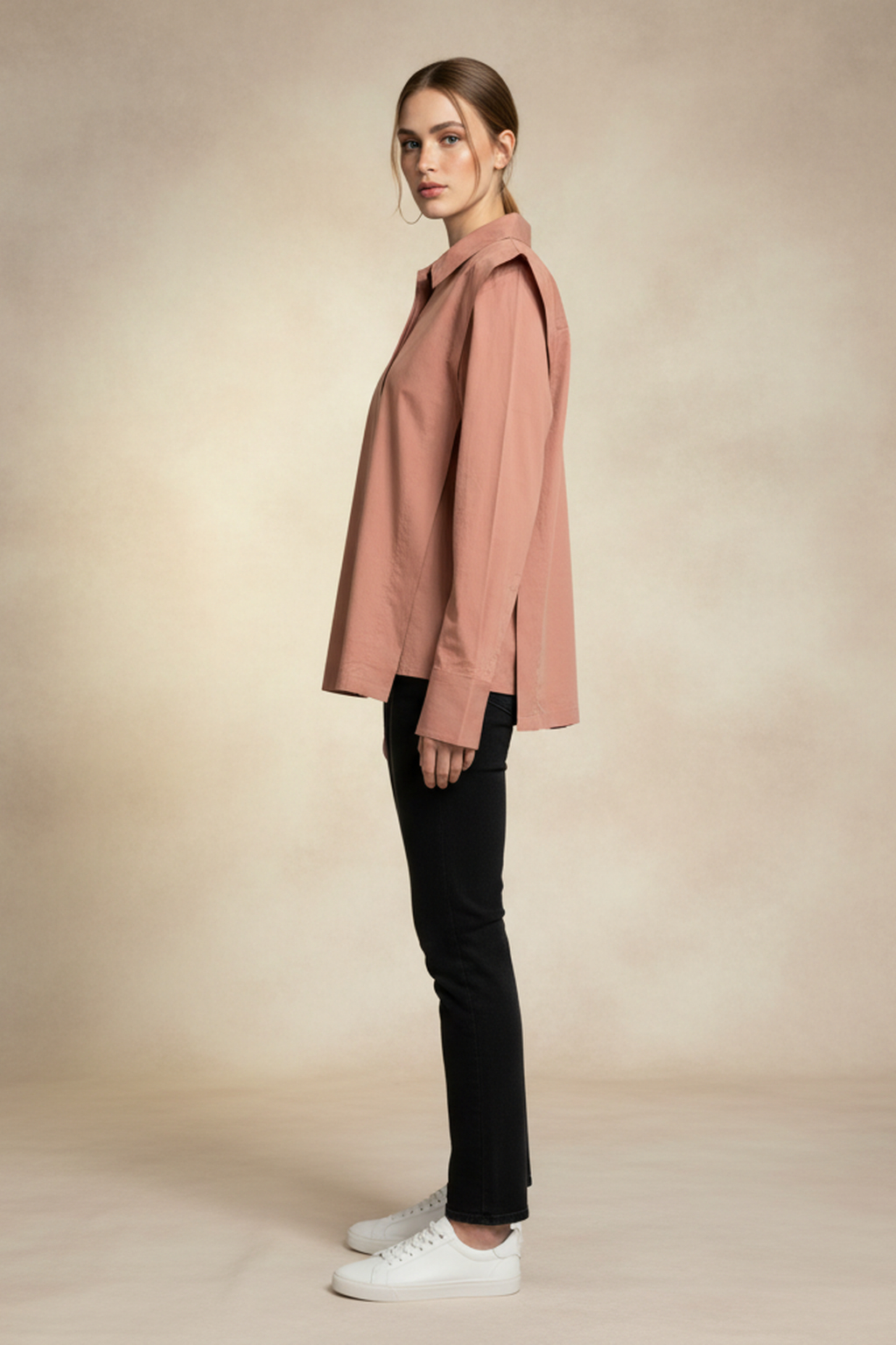 Women’s Peach Cotton Poplin Oversized Shirt – Minimal Button Placket, Full Sleeves, Relaxed Fit