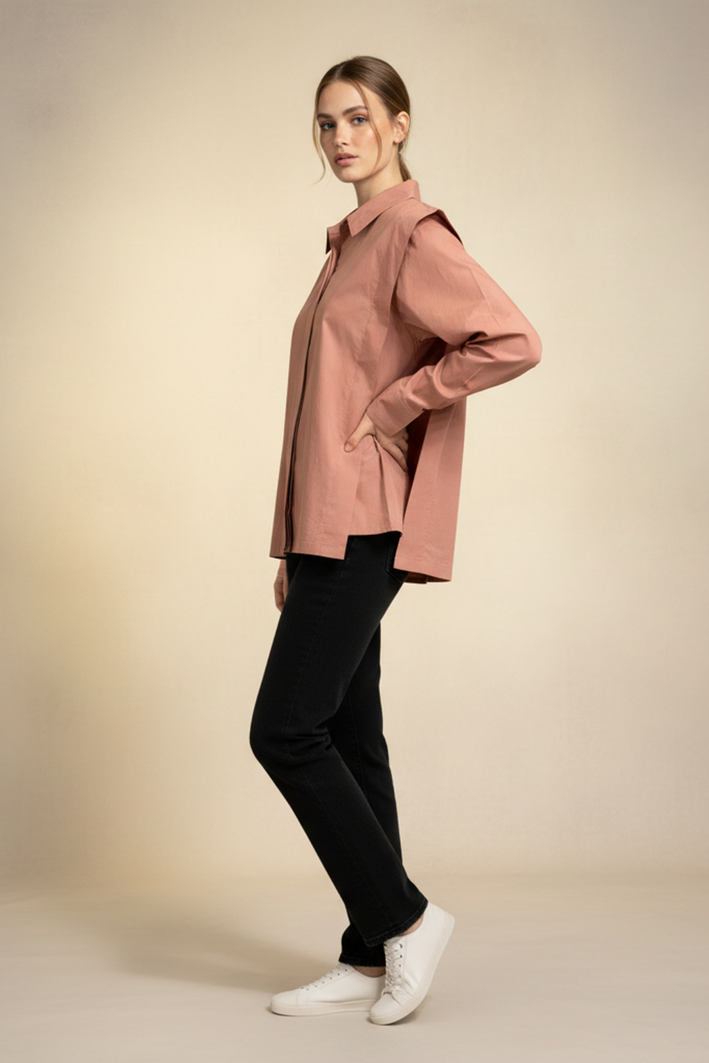 Women’s Peach Cotton Poplin Oversized Shirt – Minimal Button Placket, Full Sleeves, Relaxed Fit