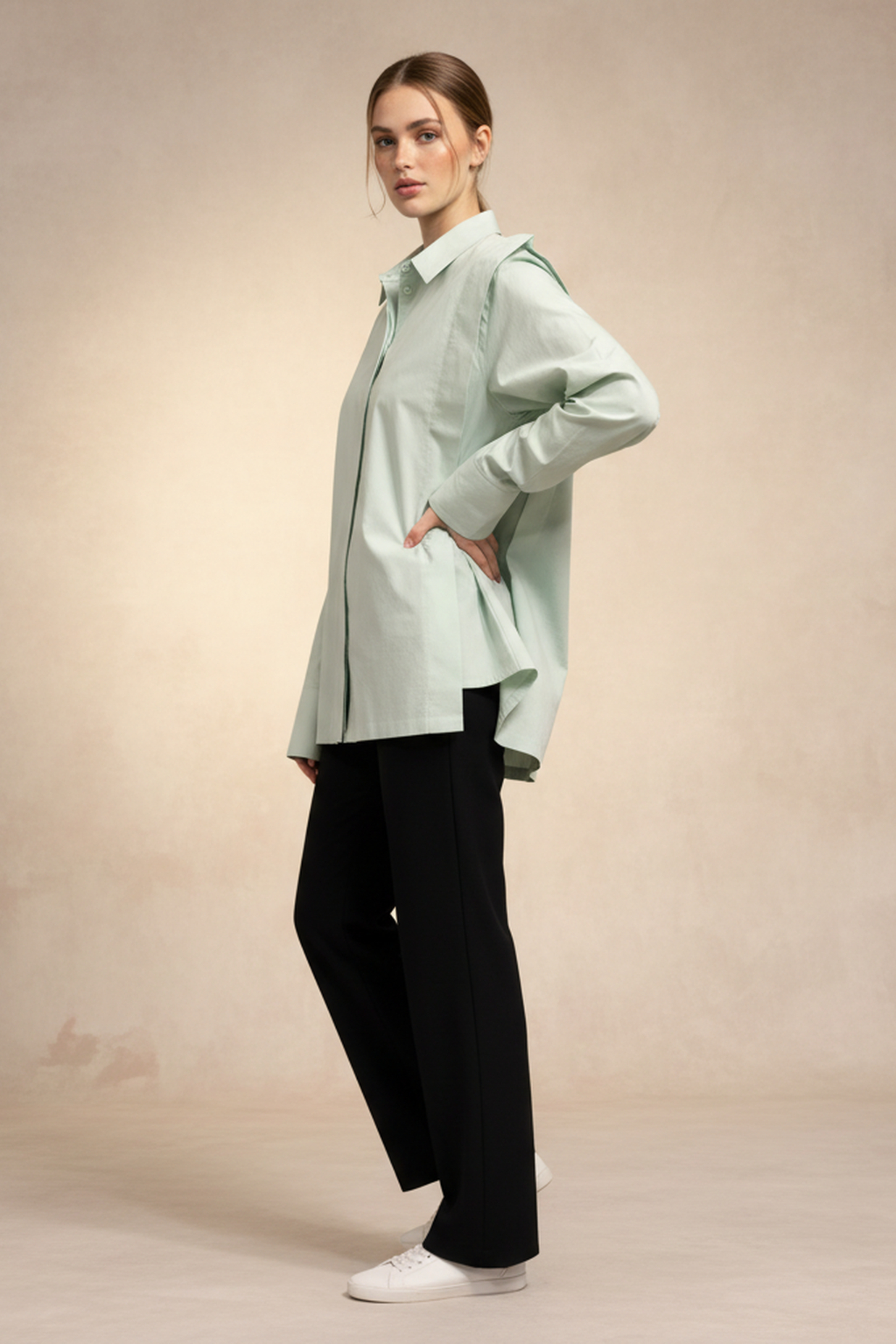 Women’s Mint Green Cotton Poplin Oversized Shirt – Minimal Concealed Placket, Full Sleeves, Relaxed Fit