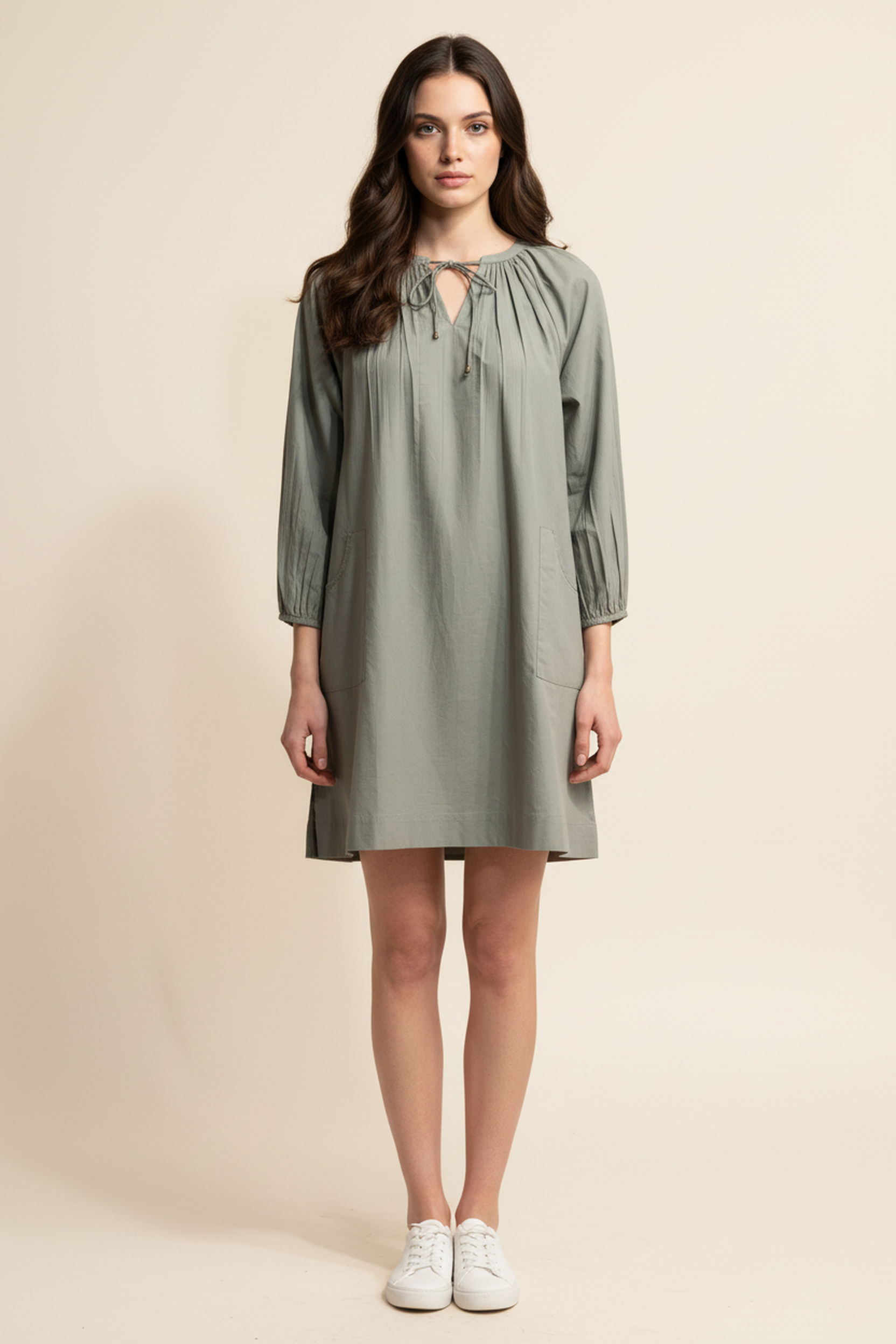 Women’s Green V-Neck Relaxed Fit Dress – Soft Cotton Blend, 3/4th Sleeves, Front Pleat Detail