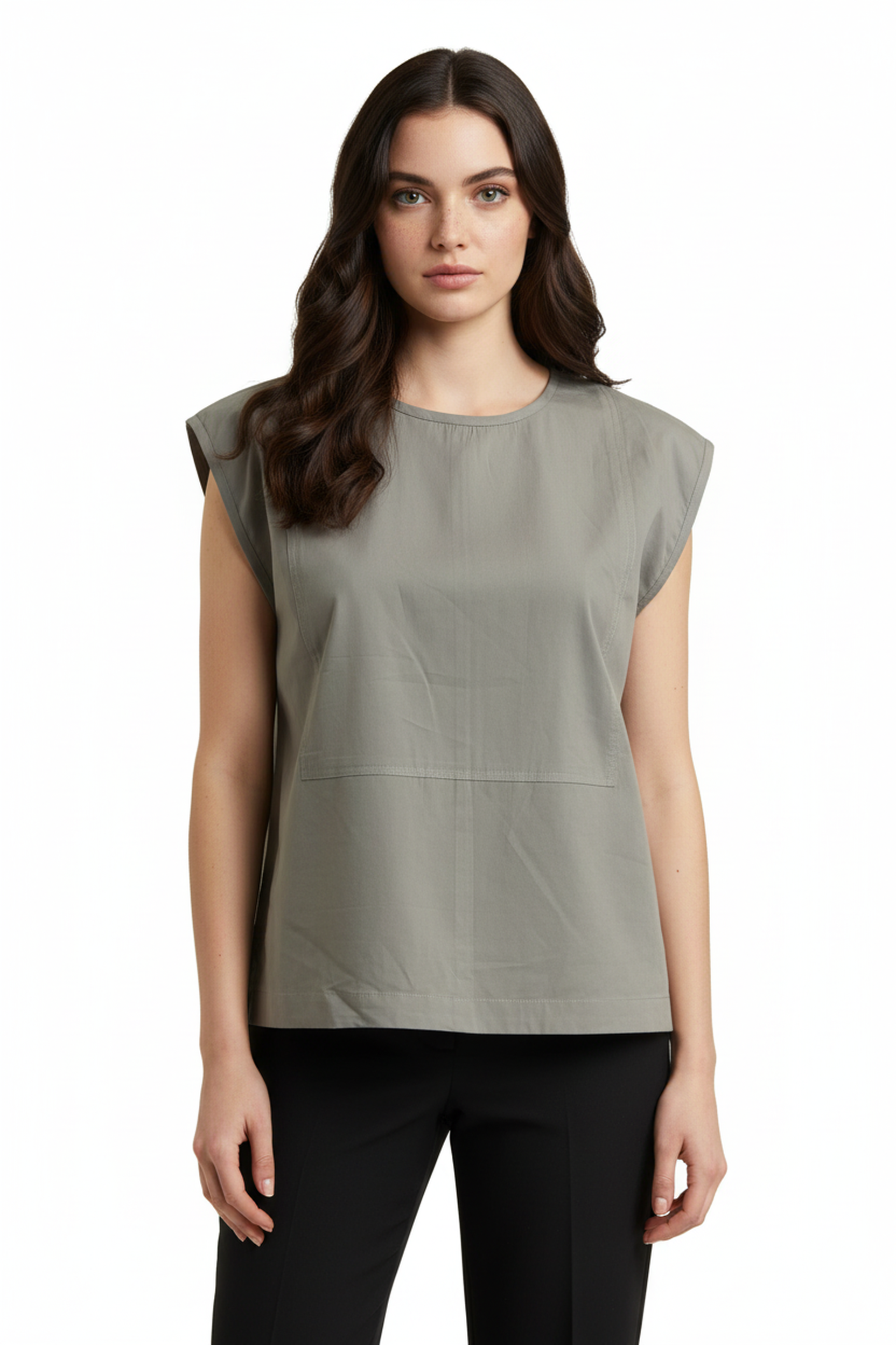 Women’s Olive Grey Sleeveless Structured Cotton Top – Round Neck, Minimal Chic, Straight Hemline