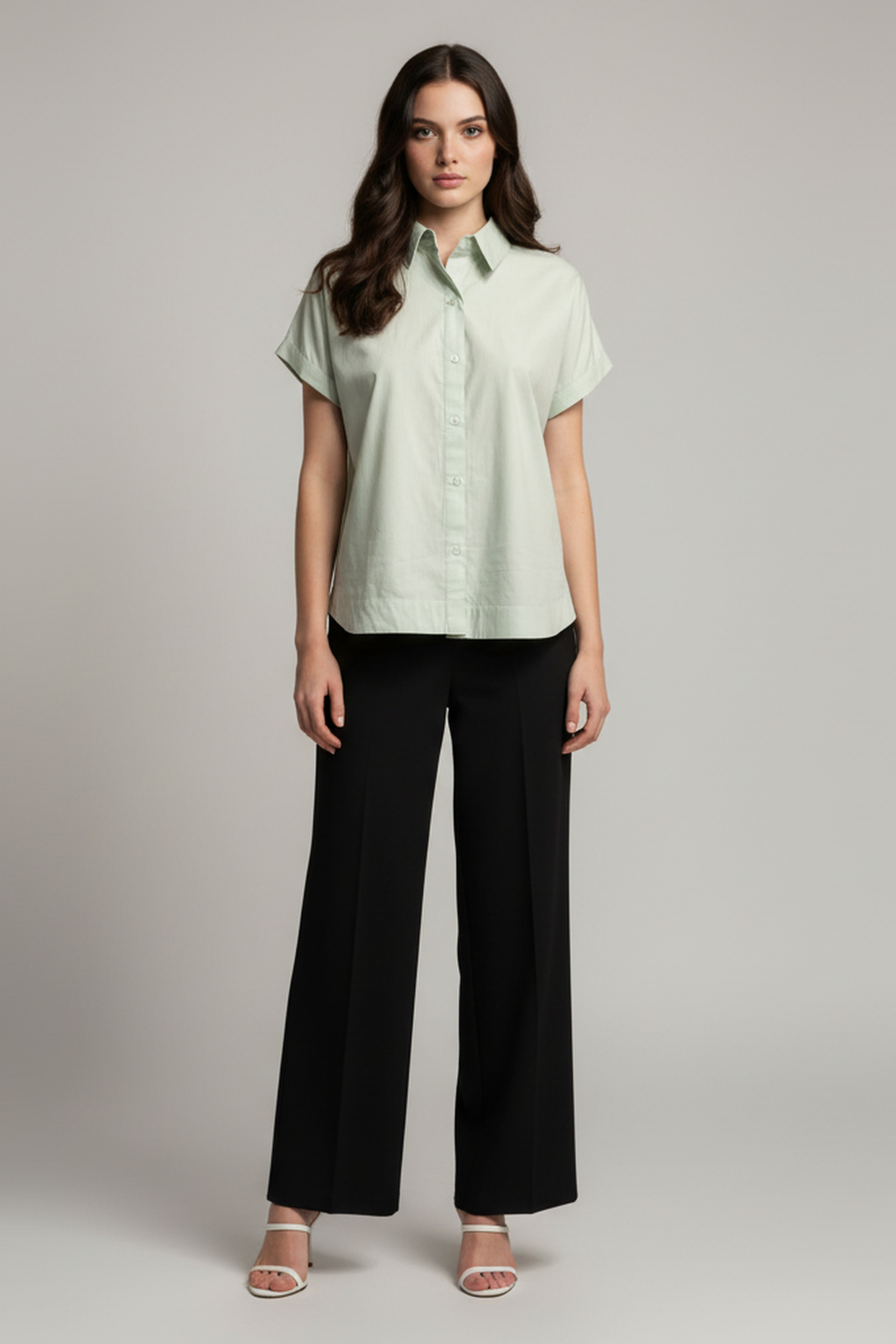 Women’s Mint Green Short-Sleeve Cotton Shirt – Button-Down, Relaxed Fit, Casual Summer Top