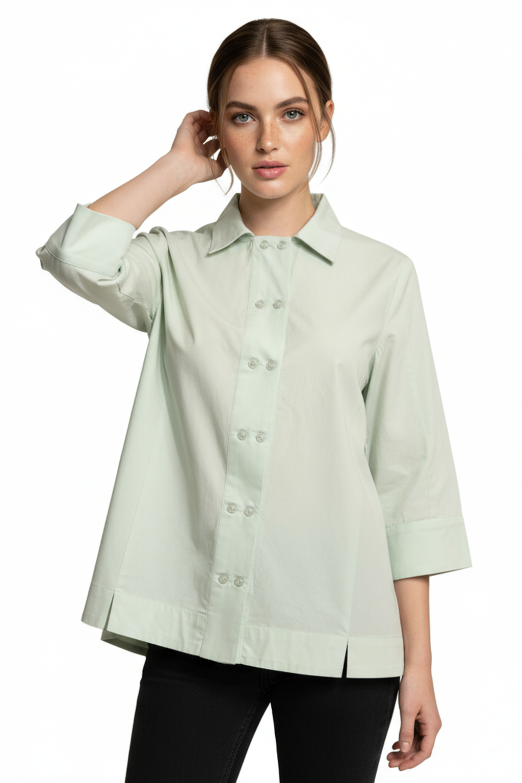 Women’s Mint Green A-Line Button-Down Shirt – 3/4 Sleeves, Wide Hemline, Structured Cotton Top
