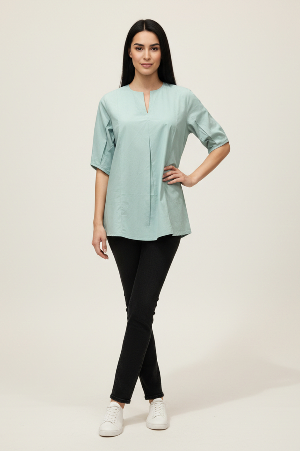 Women’s Mint Green V-Slit Neck Cotton Top – Half Sleeves, Longline Relaxed Fit, Front Pleat Design
